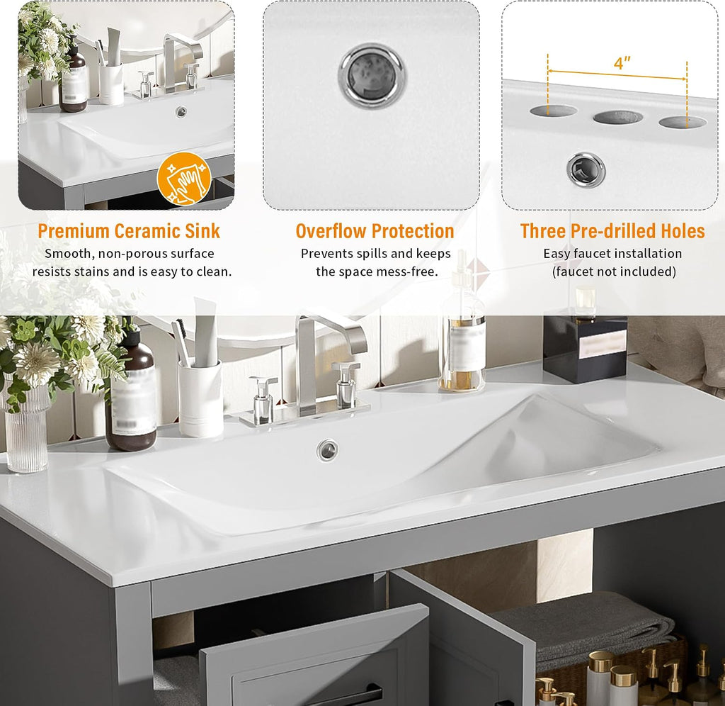 Merax 36' Bathroom Vanity with Ceramic Sink Combo, Freestanding Minimalist Vanities Cabinet & Large Adjustable Shelf and 3 Storage Drawers, Soft Closing Doors, Solid Wood Frame, Gray