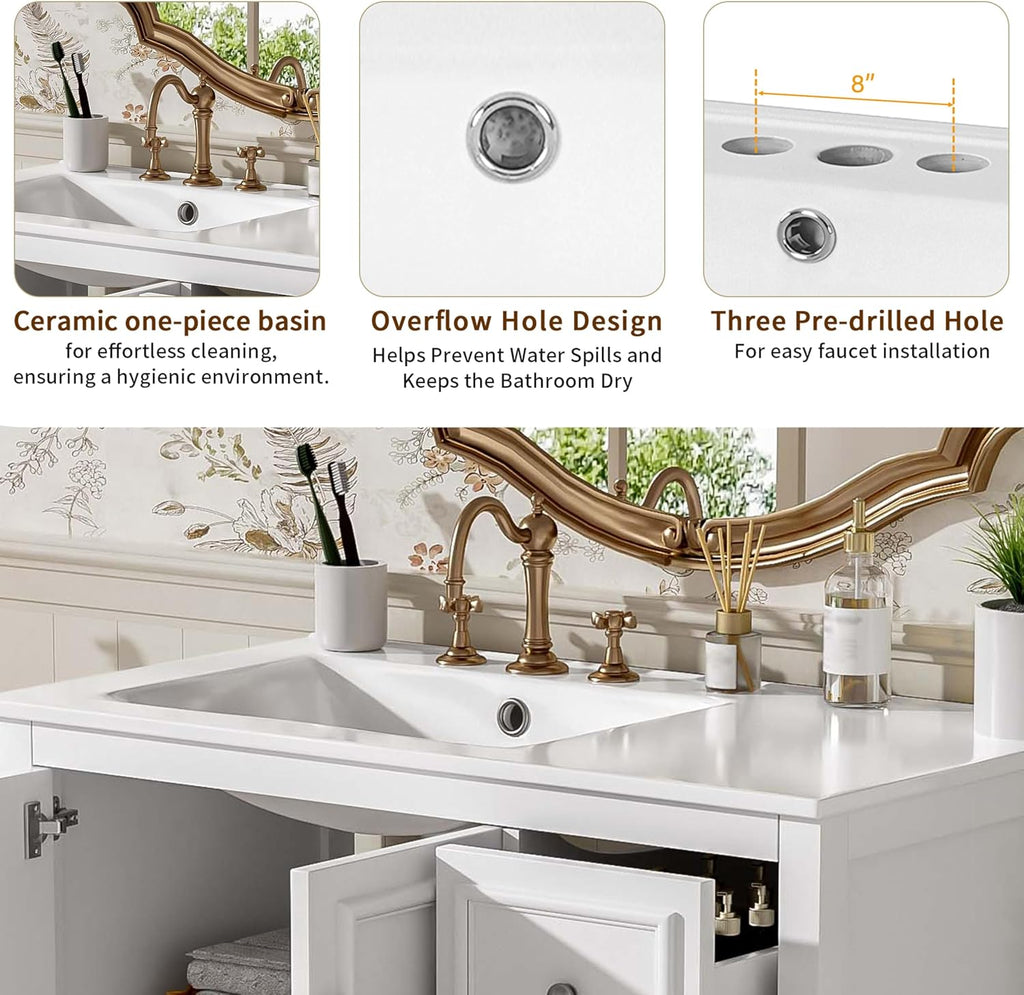 36 Inch Bathroom Vanity with Sink Set Combo Freestanding Cabinet Ceramic Top Freestanding Left Offset Basin 2 Soft Close Doors 3 Drawers White