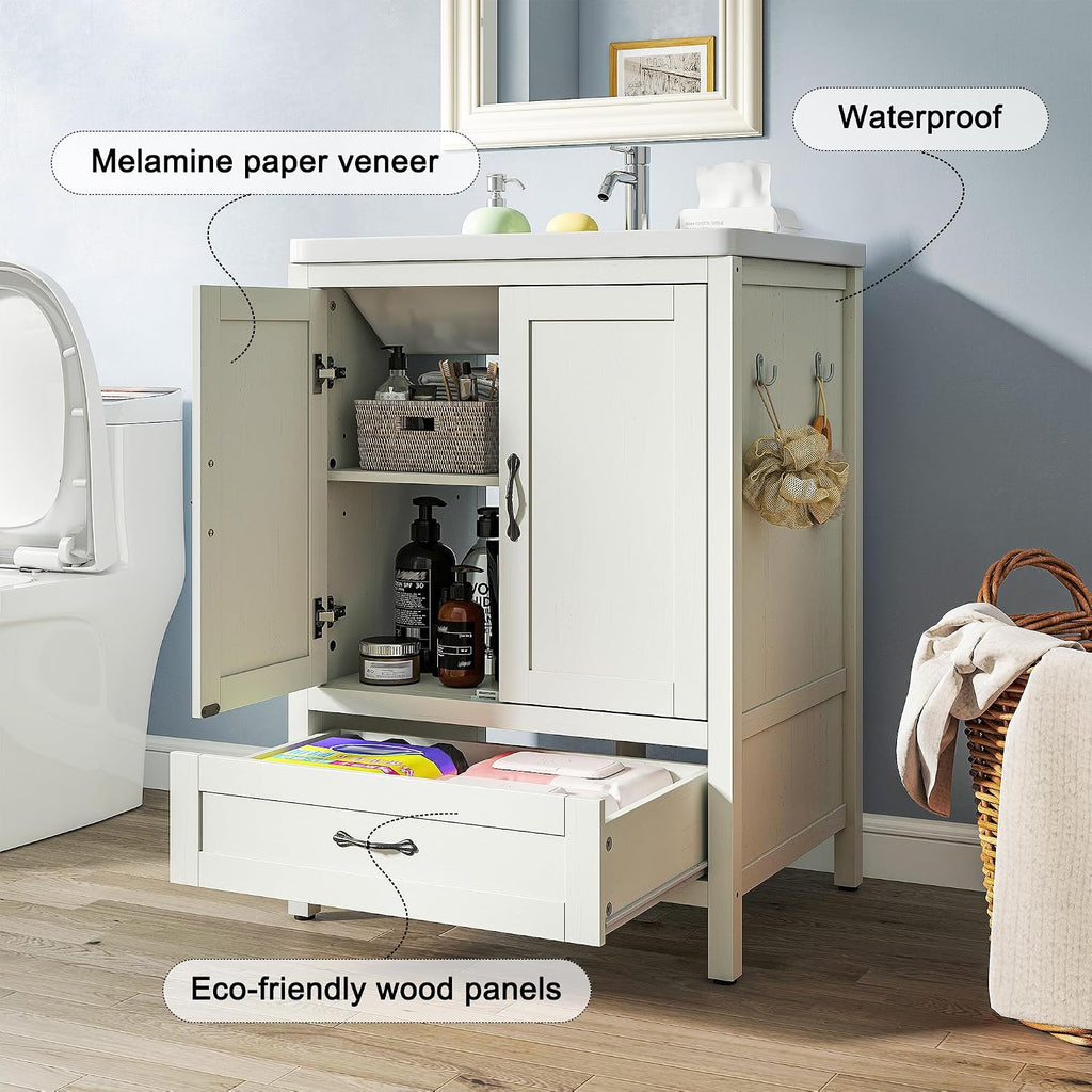 Quikraen 24 Inch Bathroom Vanities,Sink Vanity for Small Space,Adjustable Upper Storage Cabinets and Lower Drawers Modern Bathroom Vanities Excluding the Sink（White）