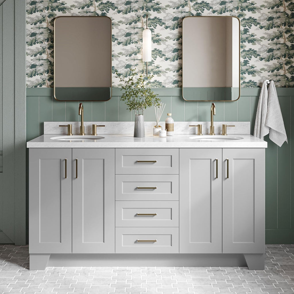 DKB Emilia 66' Grey Double Bathroom Vanity with Sink, 1.5' Edge Italian Carrara Marble Countertop, Oval Undermount Sinks, 4 Soft Closing Doors, 6 Full Extension Dovetail Drawers, Satin Brass