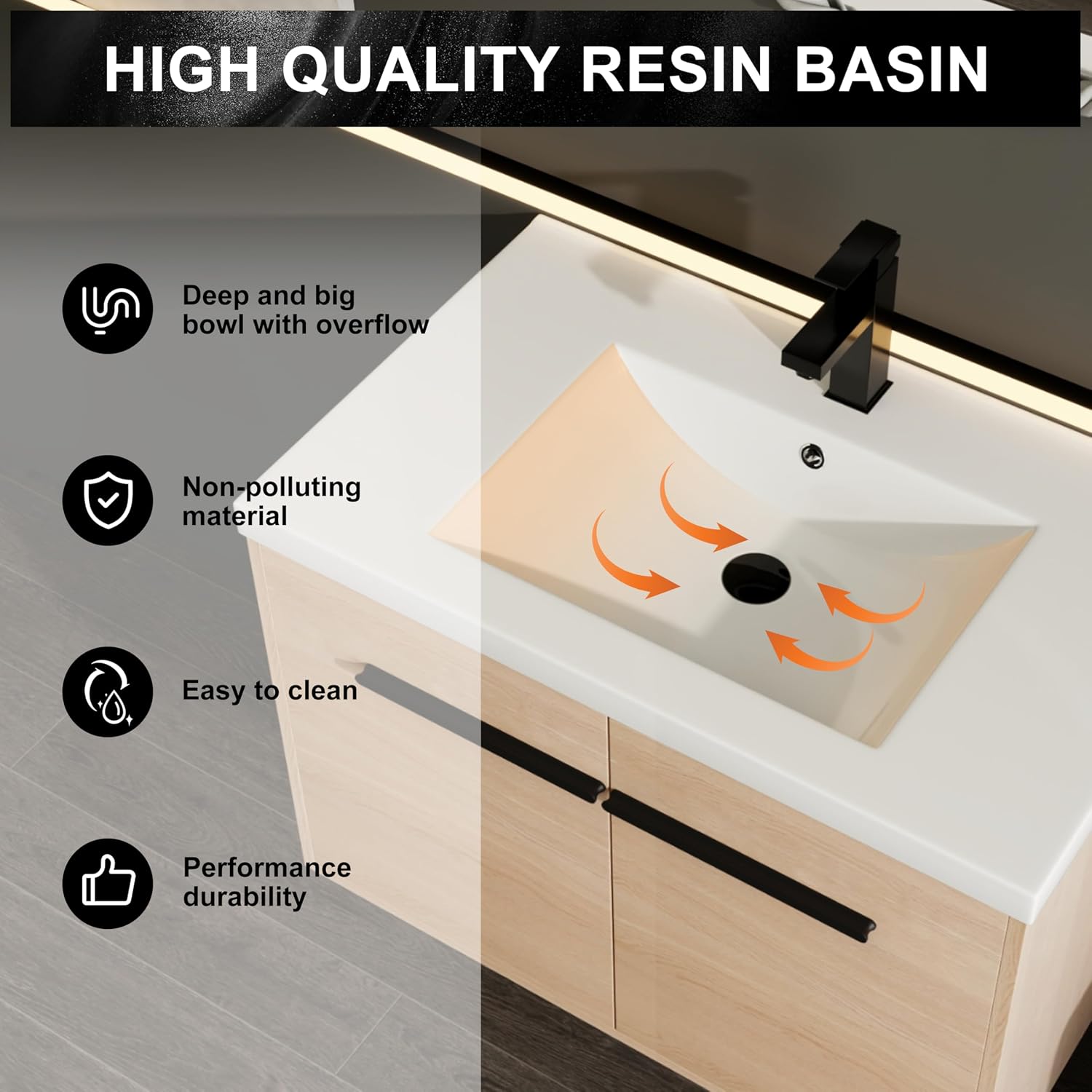 30 Inch Floating Bathroom Vanity with Sink, 30'' Wall Mount Vanity with Resin Countertop, Soft Close Doors, Double Door Storage Cabinet for Small Bathroom, Apartment, Powder Room