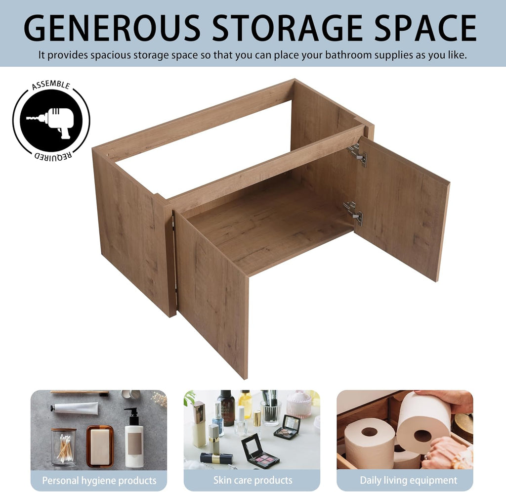 36' Floating Bathroom Vanity,36 Inch Bathroom Vanity Without Top Sink,Modern Floating Vanity Cabinet,Brown Wall Mounted Cabinet with Soft Closing Doors,Plywood(Sink Basin Not Included)