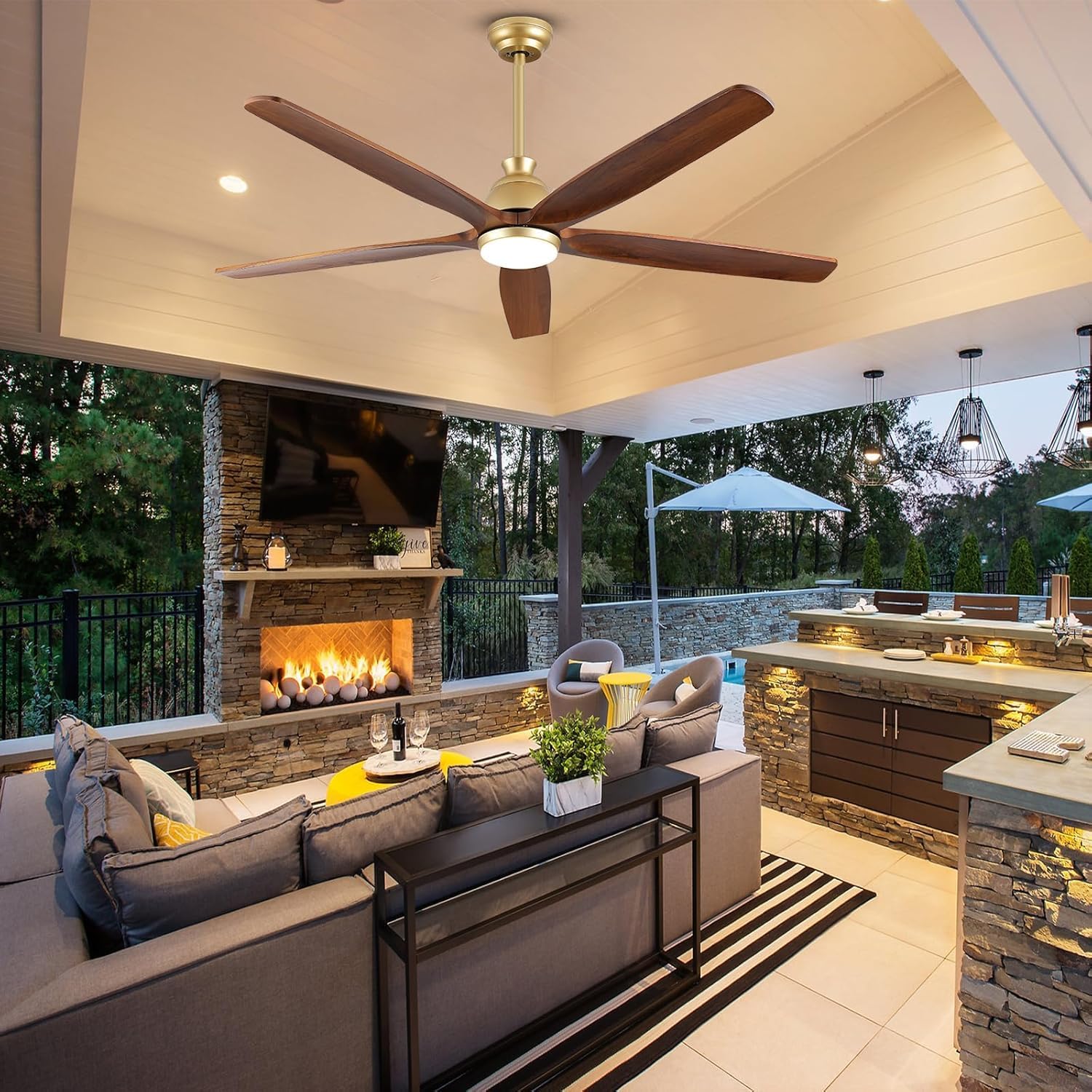 72 inch Gold Ceiling Fans with Lights and Remote, Large Airflow Solid Wood Ceiling Fan with 5 Blades, 3CCT Dimmable, Indoor Quiet DC Motor Celing Fans Exterior for Covered Patios Porch