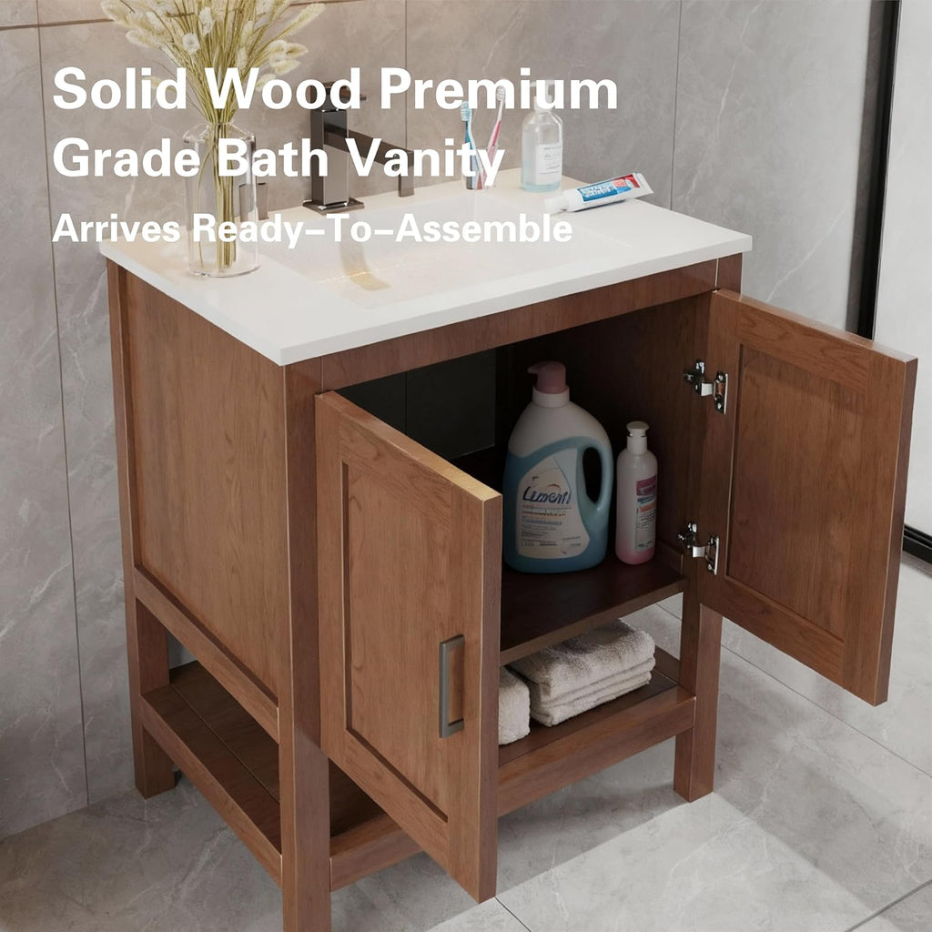 30' Bathroom Vanity Base – Freestanding Solid Wood Cabinet with Open Shelf, Soft-Close Doors, Natural Wood Finish, Sink Base Cabinet Only (No Top)