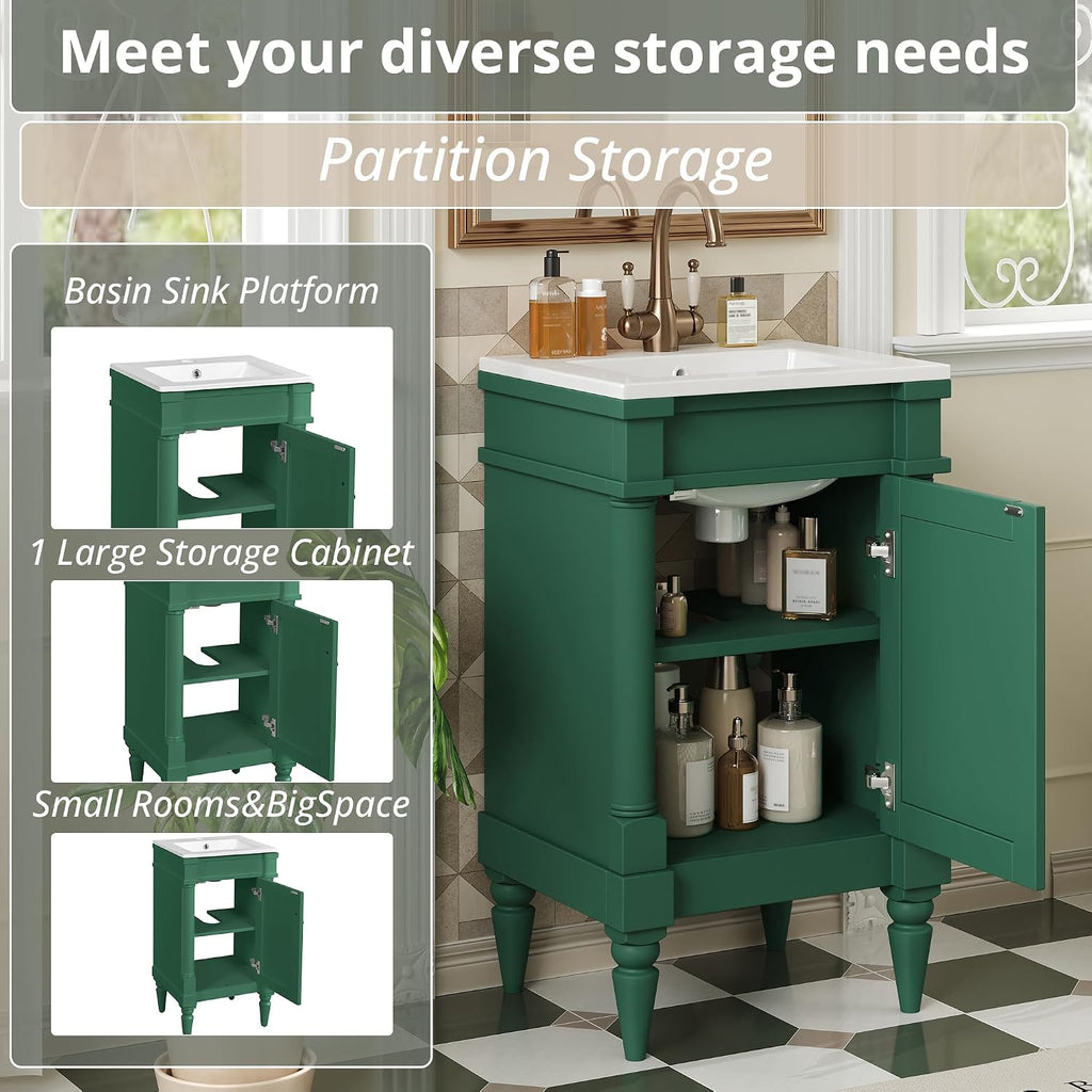 VilroCaz Modern 18'' Bathroom Vanity with Top Sink, Freestanding Bathroom Storage Cabinet with Door and Adjustable Shelf, Single Sink Cabinet with Nordic Style Legs (Green-Retro)