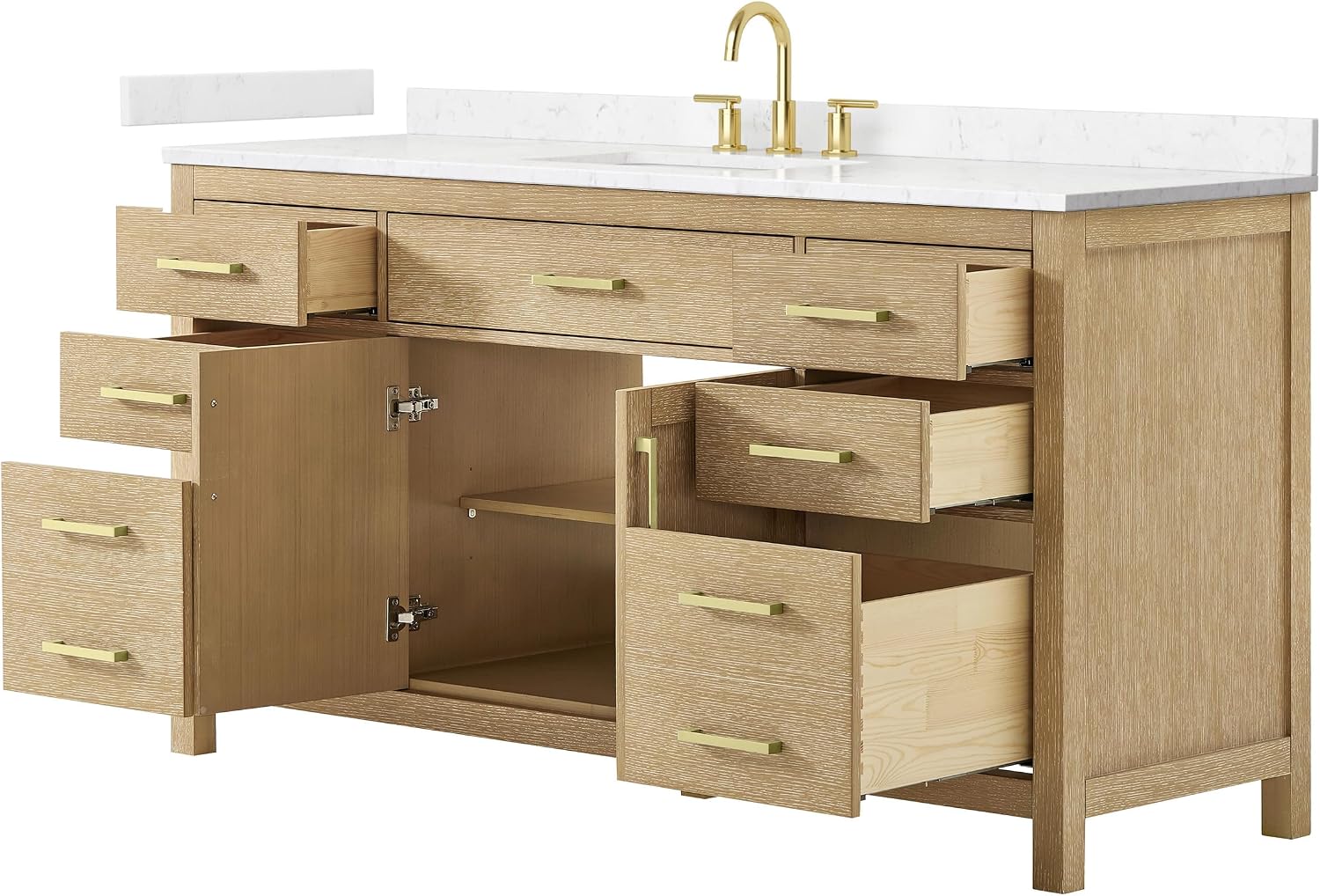 Wyndham Collection Beckett 66 Inch Single Bathroom Vanity in Whitewashed Oak, Carrara Cultured Marble Countertop, Undermount Square Sink (3-Hole), Brushed Gold Trim