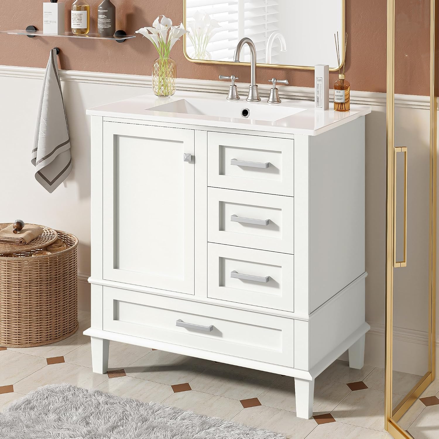 Mirightone 30' Bathroom Vanity with Sink, Bathroom Vanity with Sink 30 Inch, 30 in Vanity with Top for Bathroom, 30 Vanity and Sink Combo with 3 Drawers and 1 Soft Closing Door (White)