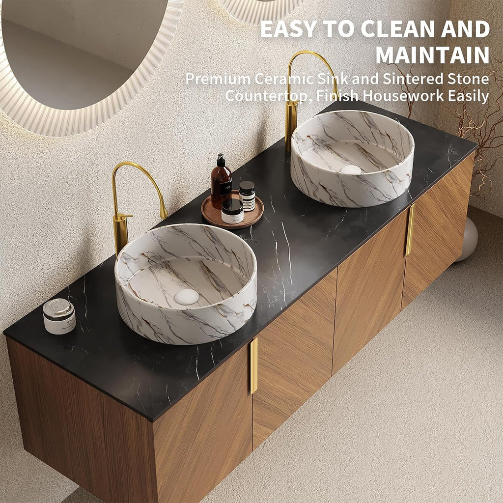LKTART 60 Inch Bathroom Vanity Double Sink, Double Sink Bathroom Vanity with White Round Ceramic Basins, 4 Doors Modern Wall Mounted Bathroom Storage Cabinet, Black Sintered Stone Countertop, Brown