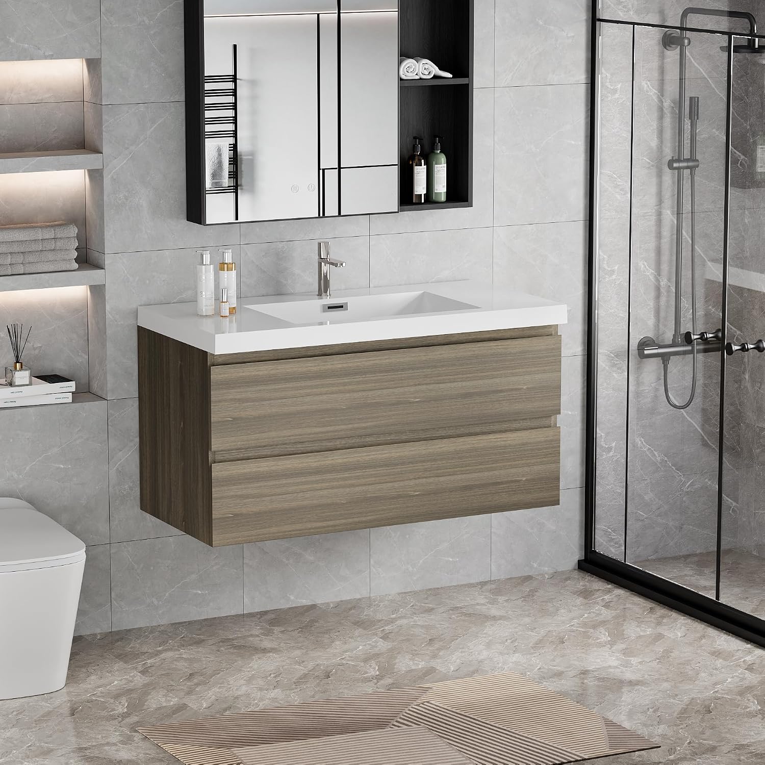 42' Floating Bathroom Vanity with Sink, Modern Wall Mounted Bathroom Storage Vanity Cabinet with Resin Top Basin and Soft Close Drawers, Ash Grey 24V11 42AG