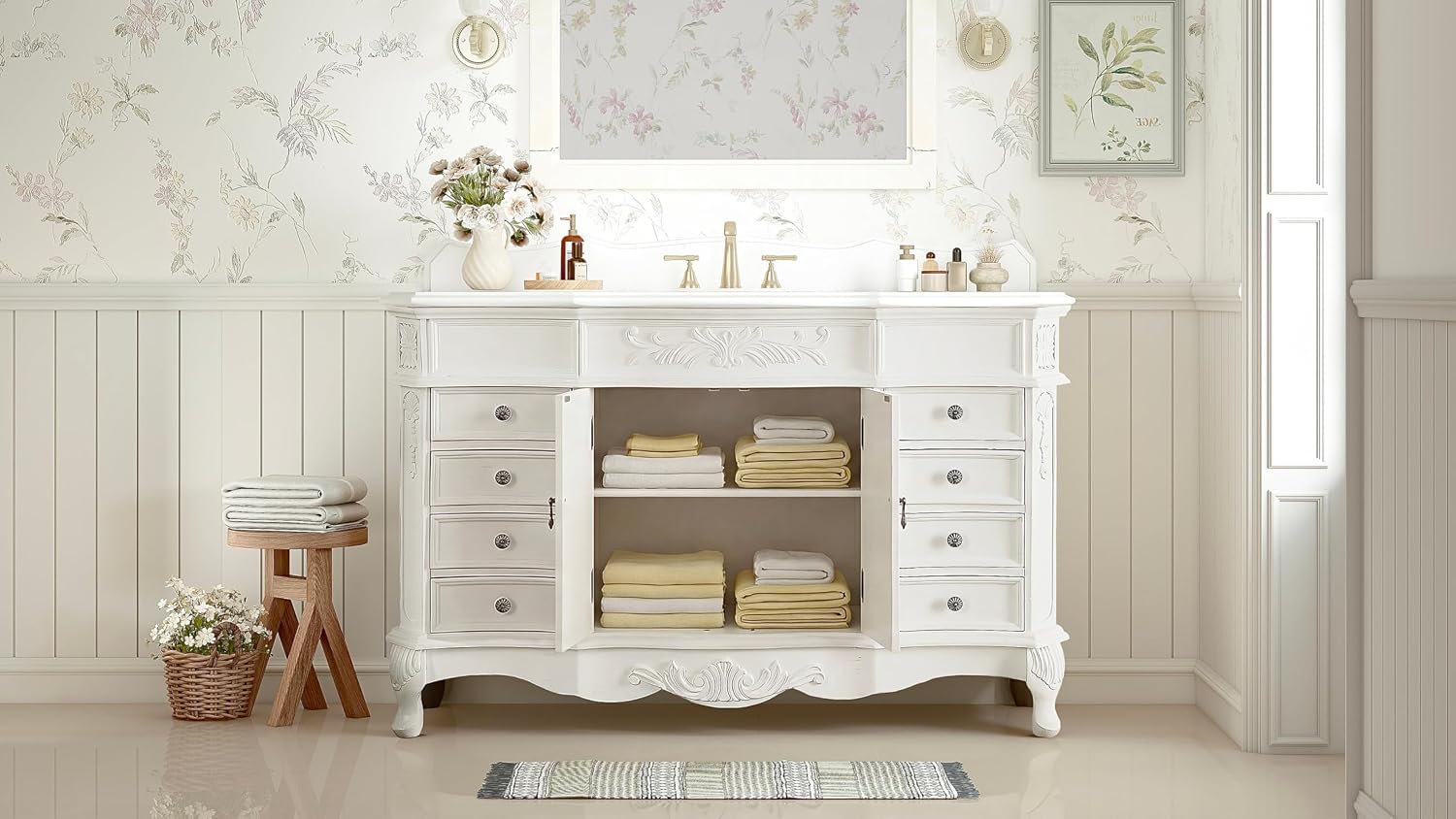 56 Inch Morton Antique Style White Single Sink Bathroom Vanity | White Quartz Top - CF-2815W-AW-56