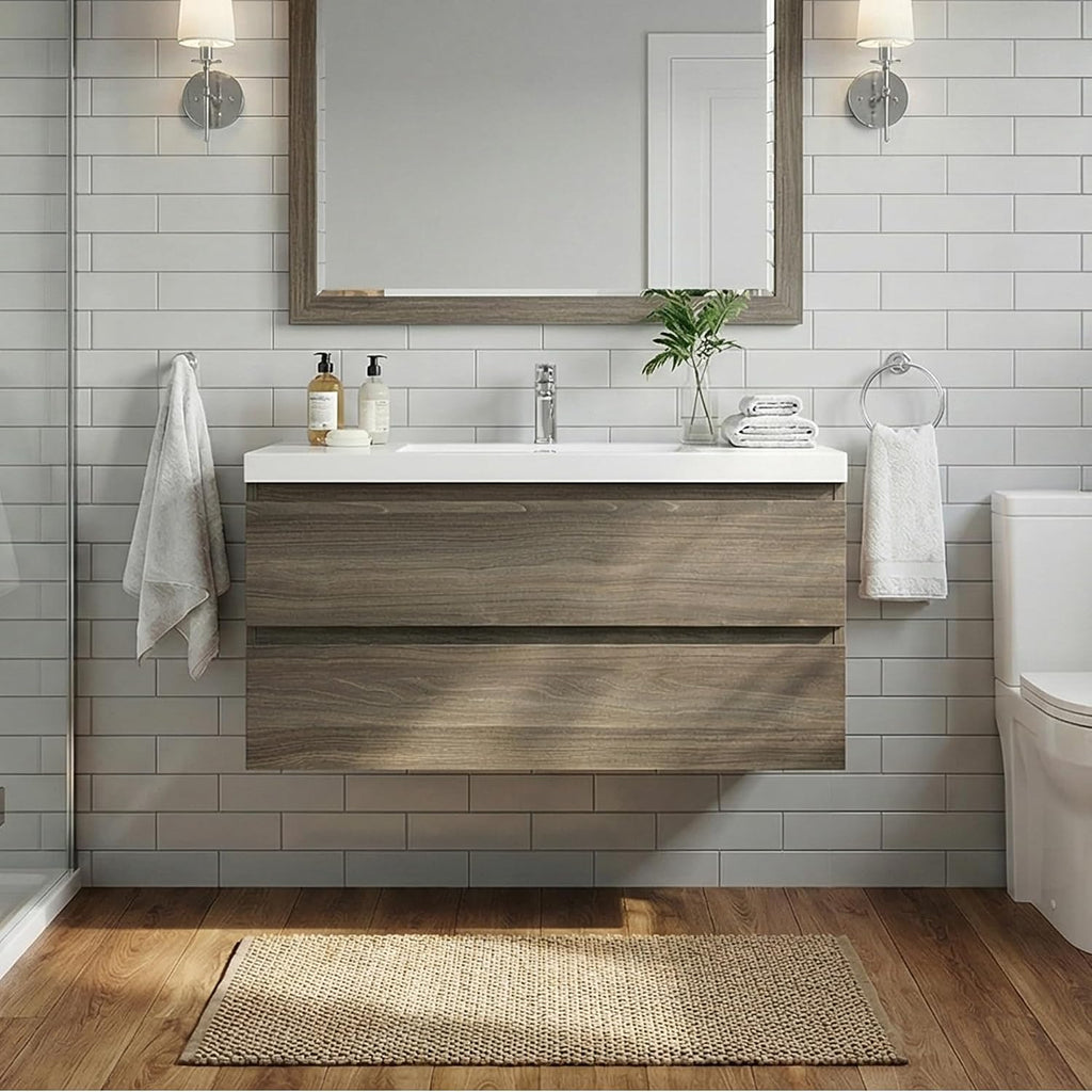 Neftis 42-Inch Floating Vanity with Sink, Pre-Assembled Modern Bathroom Vanity Sink Combo with Storage, Soft-Closing Drawers, One-piece Countertop White Resin Sink, Ash Grey Vanity for Bathroom