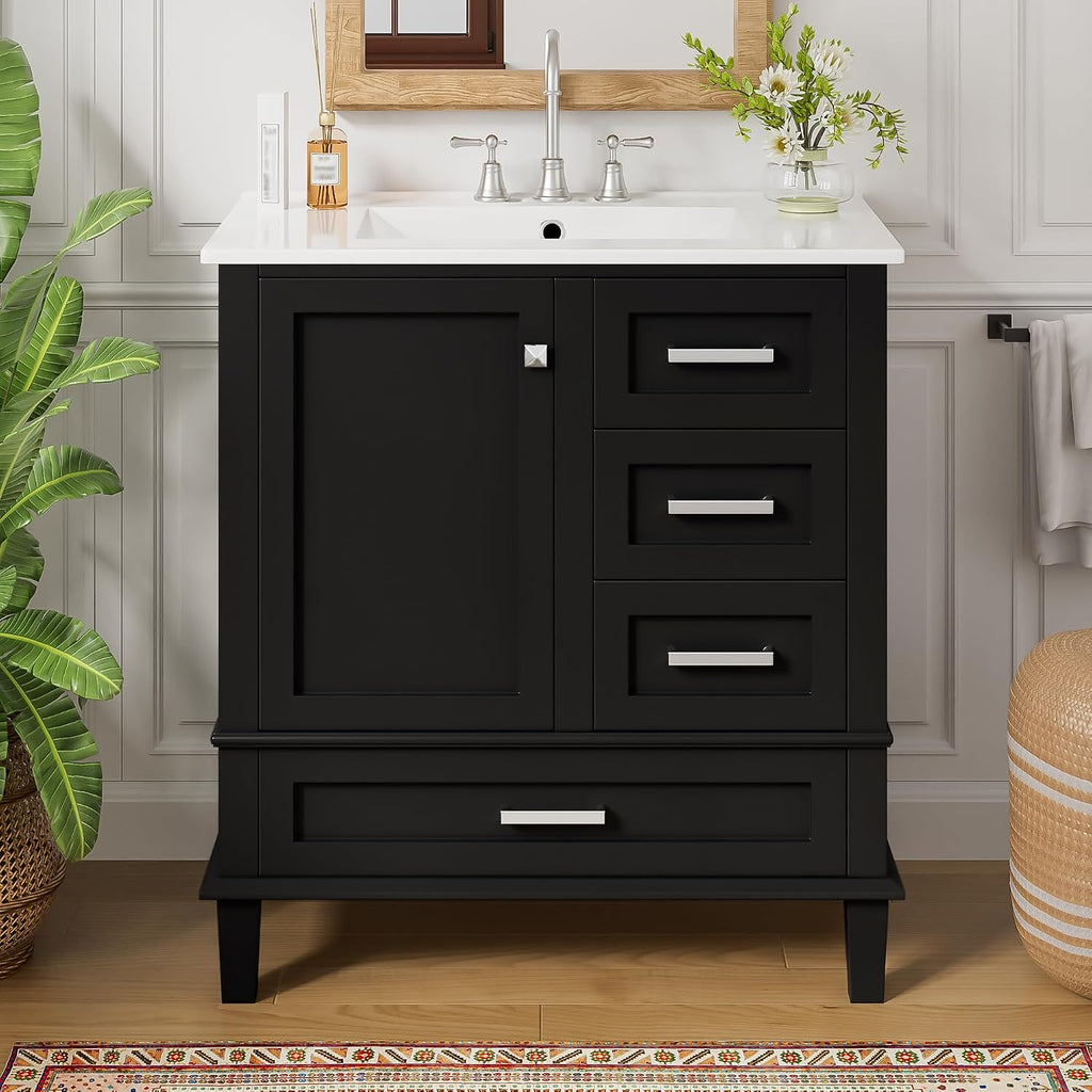 Mirightone 30' Bathroom Vanity with Sink, Bathroom Vanities 30 Inch with Top, Single Sink Bathroom Vanity with 3 Drawers and 1 Soft Closing Door, 30 Restroom Vanity with Cuntertop Sink (Black)