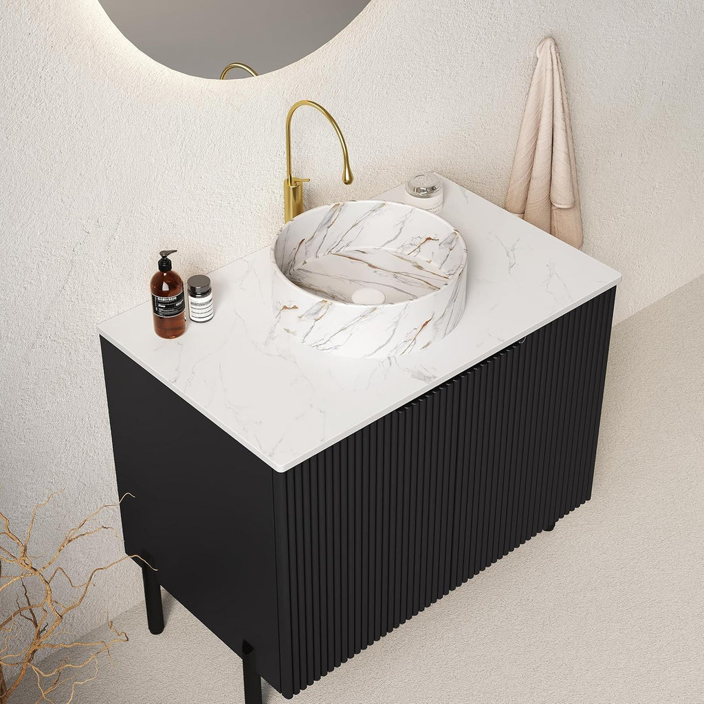 30' Black Bathroom Vanity with Round Ceramic Sink Freestanding Bathroom Vanities with 2 Fluted Doors and Sintered Stone Counter Top,Modern Wooden Bathroom Storage Cabinet Set with Soft Close System