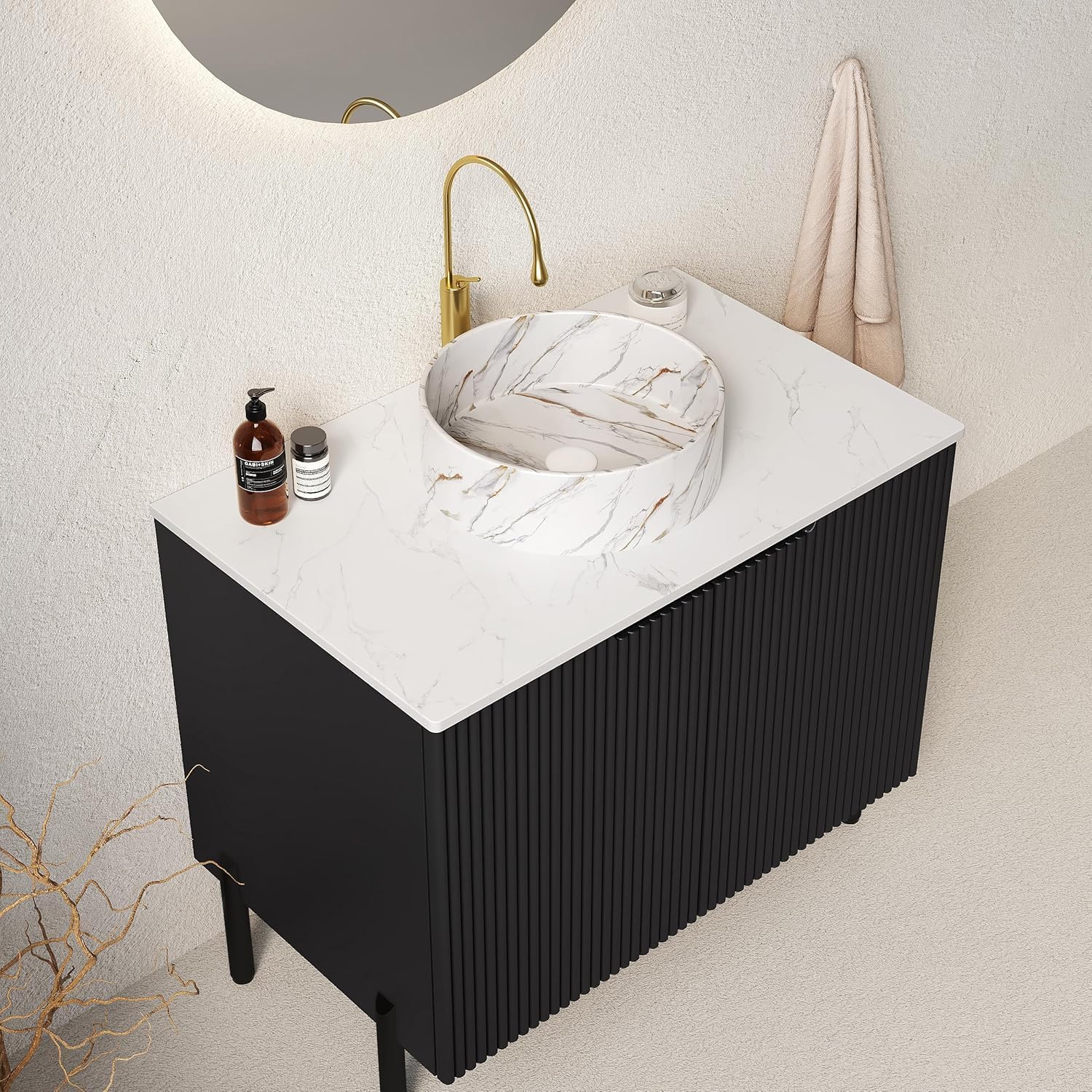 30' Black Bathroom Vanity with Round Ceramic Sink Freestanding Bathroom Vanities with 2 Fluted Doors and Sintered Stone Counter Top,Modern Wooden Bathroom Storage Cabinet Set with Soft Close System