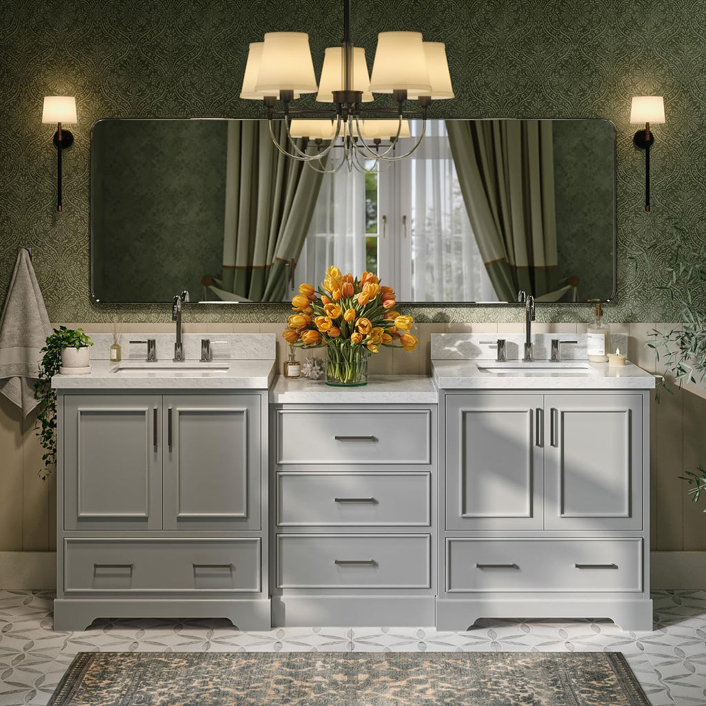 ARIEL Stafford 84-inch Bathroom Vanity with Sink,Solid Wood, 1.5in Italian Carrara Marble Countertop & Backsplash, Double Rectangular Porcelain Sink, 4 Soft Closing Doors, 5 Dovetail Drawers, Grey