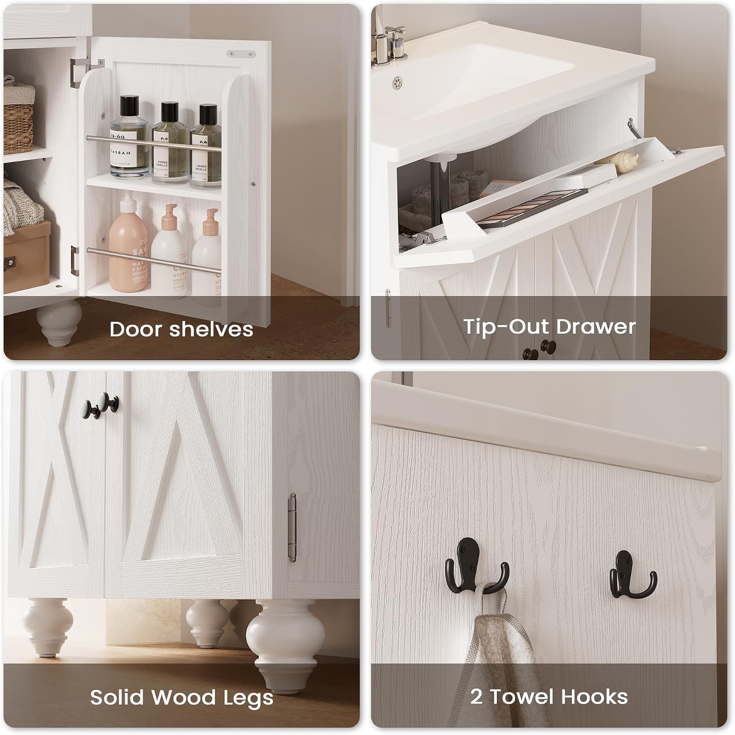 ModernMate 30 Inch Bathroom Vanity with Sink Easy-to-Install Farmhouse Bathroom Sink 2-Tier Storage Areas with Adjustable Shelves 4-Tier Storage Compartments Tip-Out Drawer 2 Hooks Solid Wood Legs