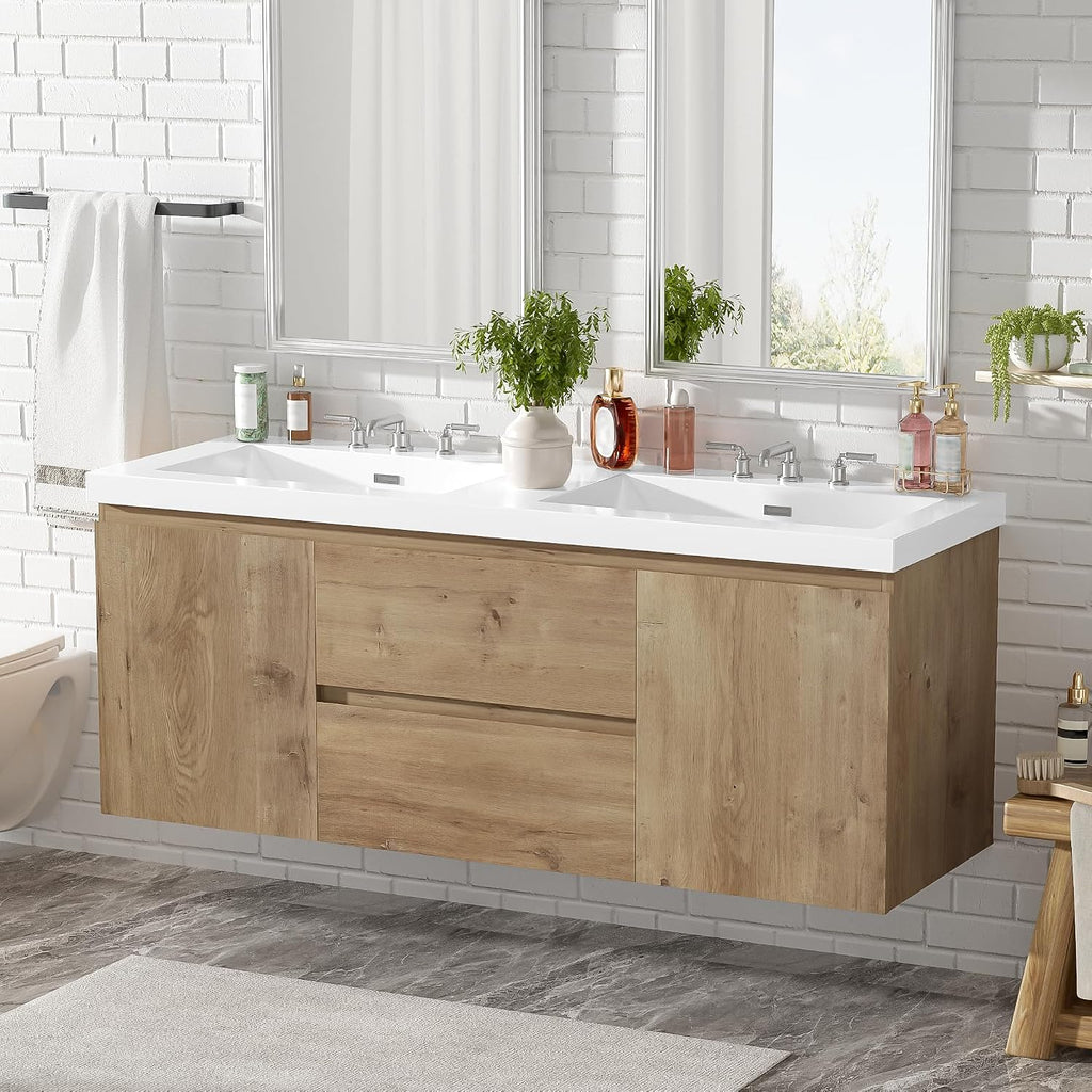 60'' Floating Bathroom Vanity with Sink, Wall-Mounted Cabinet with Drawer & Doors, SMC Resin Top Undermount Basin, Soft-Close, No Handle for Large Bathrooms
