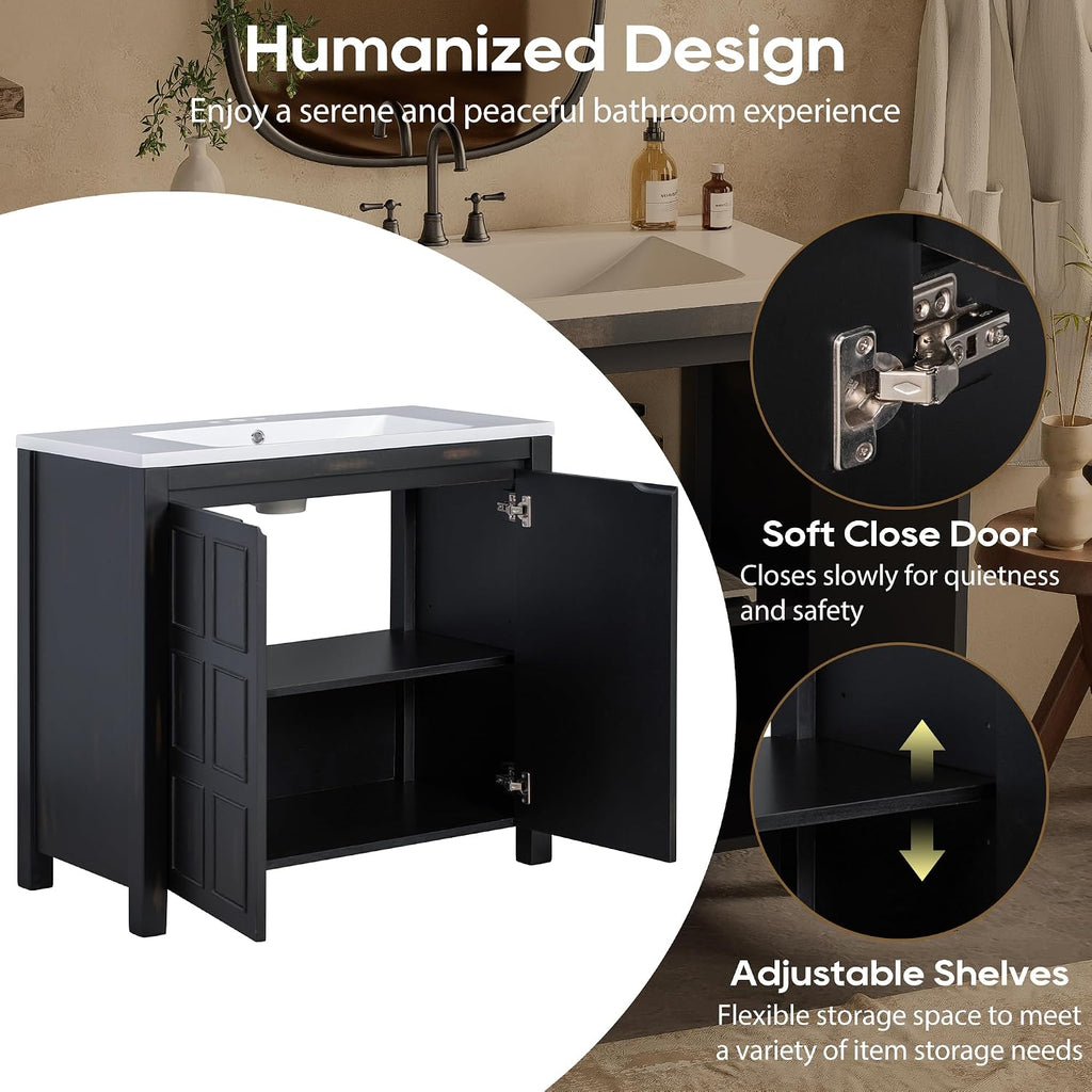 SOFTSEA 36' Bathroom Vanity with Sink Combo, Single Sink Bathroom Vanity with Soft-Close Doors, Solid Wood Frame Bathroom Cabinet, Resin Basin, Easy Assembly, Espresso