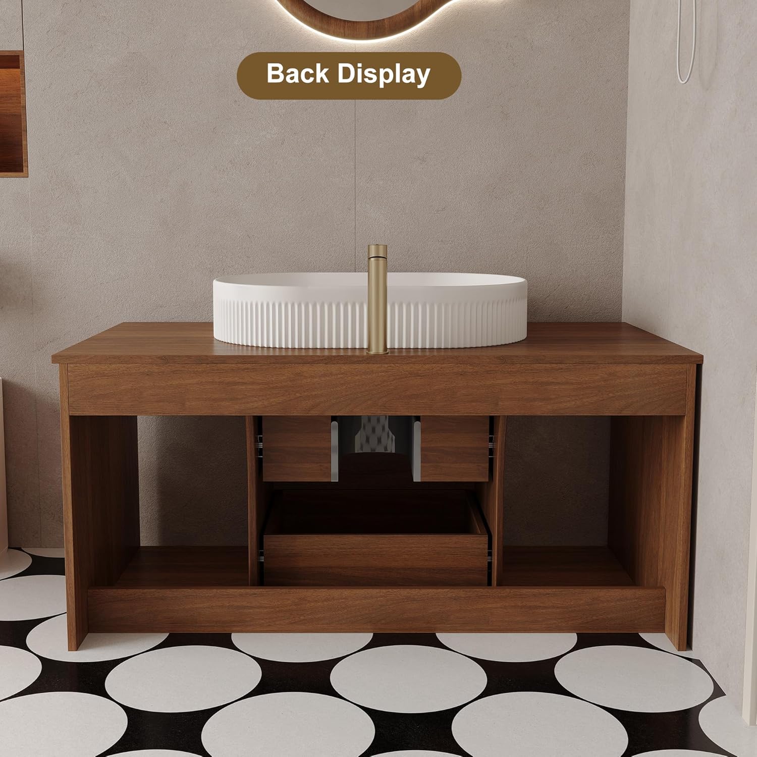40 Inch Modern Bathroom Vanity Floating Bathroom Vanities with Above Oval Sink 40' Wall Mounted Bathroom Sink Cabinet with 2 Drawers & 2 Open Shelves & Gold Metal Handle, Walnut