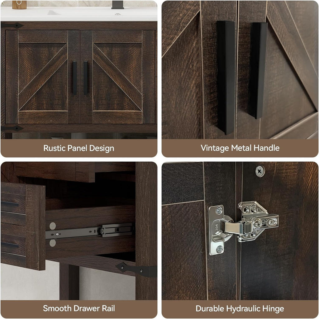 YOURLITE 36' Bathroom Vanity with Sink Combo, Rustic Farmhouse Vanity Cabinet with Under Mount Sink and Faucet, Two Sliding Drawers and Open Shelf, Rustic Brown