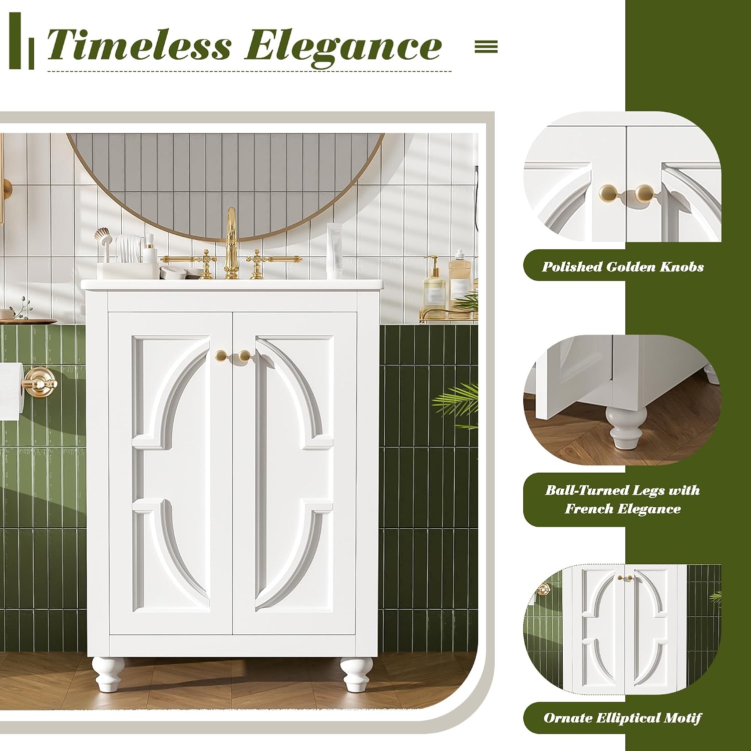 VilroCaz 24' Modern Bathroom Vanity with Ceramic Sink, Ornate Elliptical Motif Design & Soft-Close Hinges, Wood Bathroom Cabinet with Ball-Turned Legs, French Elegance (White-Ele)