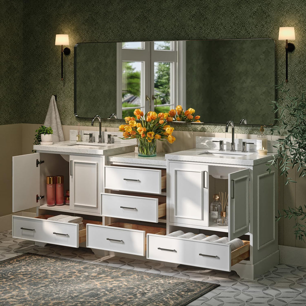 ARIEL Stafford 84-inch Bathroom Vanity with Sink,Solid Wood, 1.5in Italian Carrara Marble Countertop & Backsplash, Double Rectangular Porcelain Sink, 4 Soft Closing Doors, 5 Dovetail Drawers, White