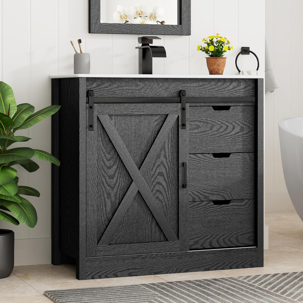 chartustriable 36 Inch Bathroom Vanity with Sink & Faucet & Mirror, Farmhouse Bathroom Vanity Cabinet Set with Sliding Barn Door & Drawers, Small Single Bath Storage Vanity Sink, Black