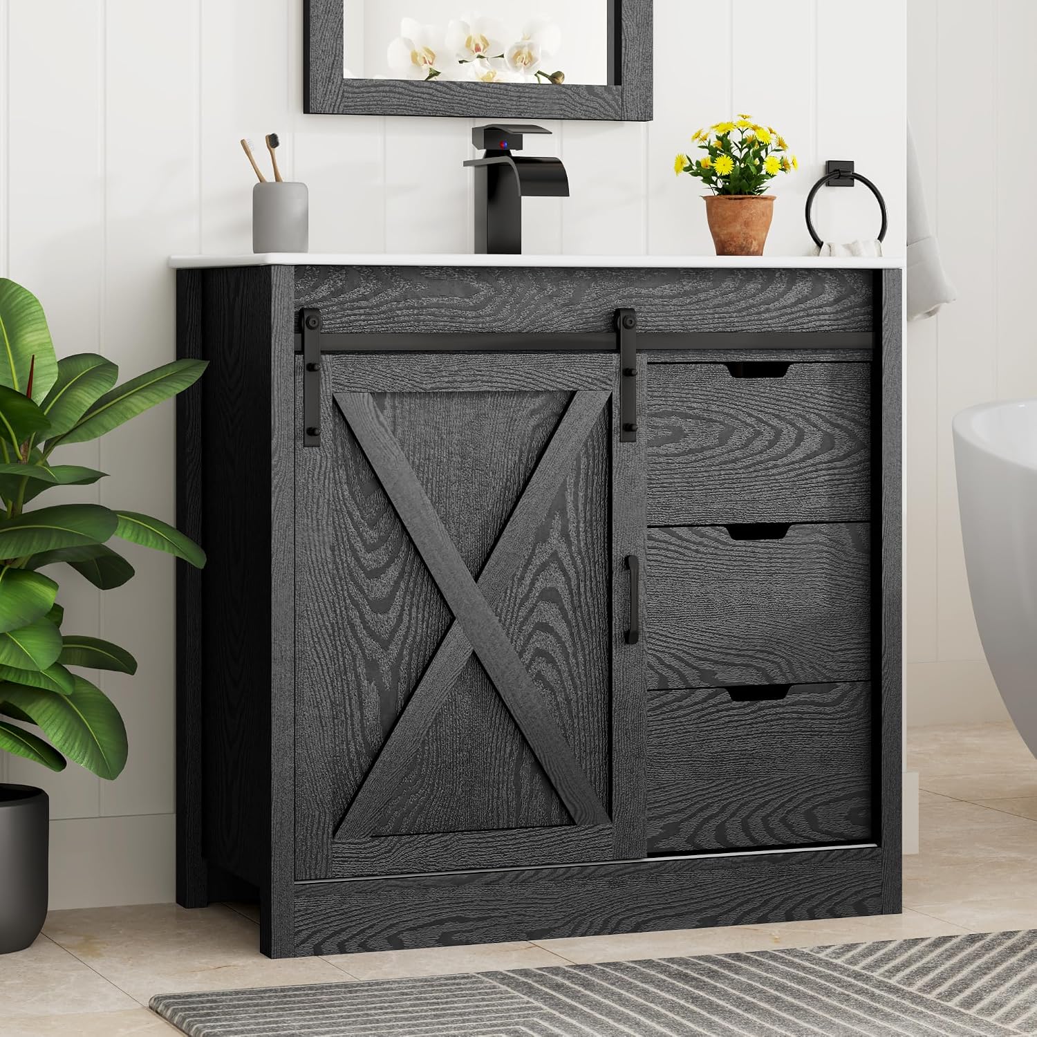 chartustriable 36 Inch Bathroom Vanity with Sink & Faucet & Mirror, Farmhouse Bathroom Vanity Cabinet Set with Sliding Barn Door & Drawers, Small Single Bath Storage Vanity Sink, Black