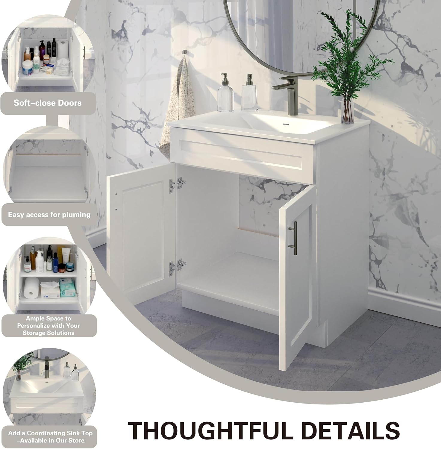 La Royal White Shaker Sink Base Bathroom Vanity Ready-to-Assemble Cabinet 30' Width