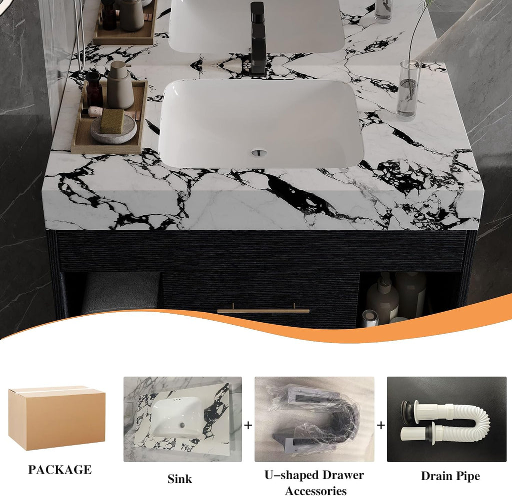 30' Bathroom Vanity with Sink Set, Modern Black Wall Mounted Bathroom Vanity Cabinet with Sintered Stone Top&Gold Handle 2 Drawers&2 Open Storage, Single Sink Floating Bathroom Vanity
