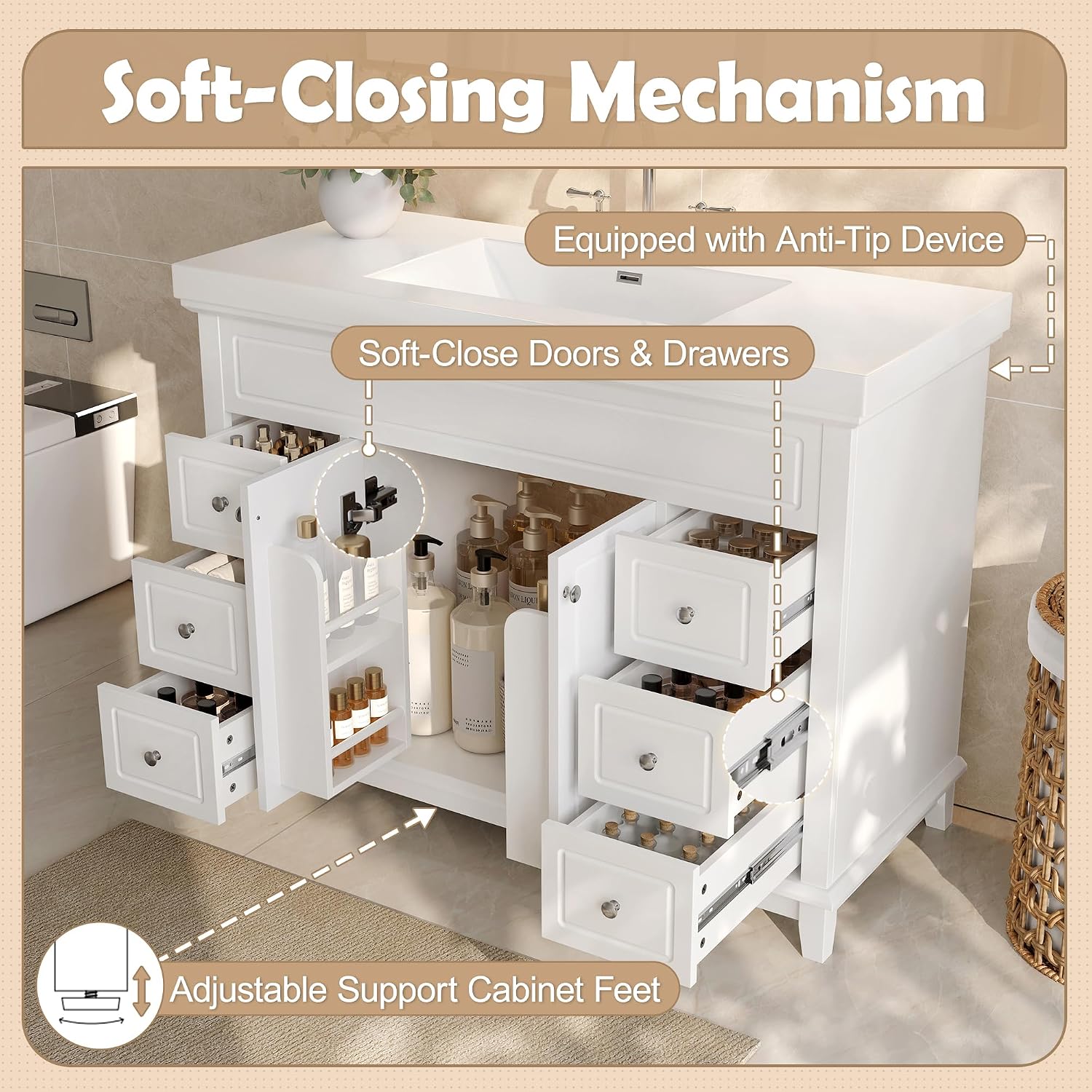 46' Bathroom Vanities Without Sink Top, Cabinet Base Only, Soft-Closing 6 Drawers and 2 Doors, Solid Wood Frame, White