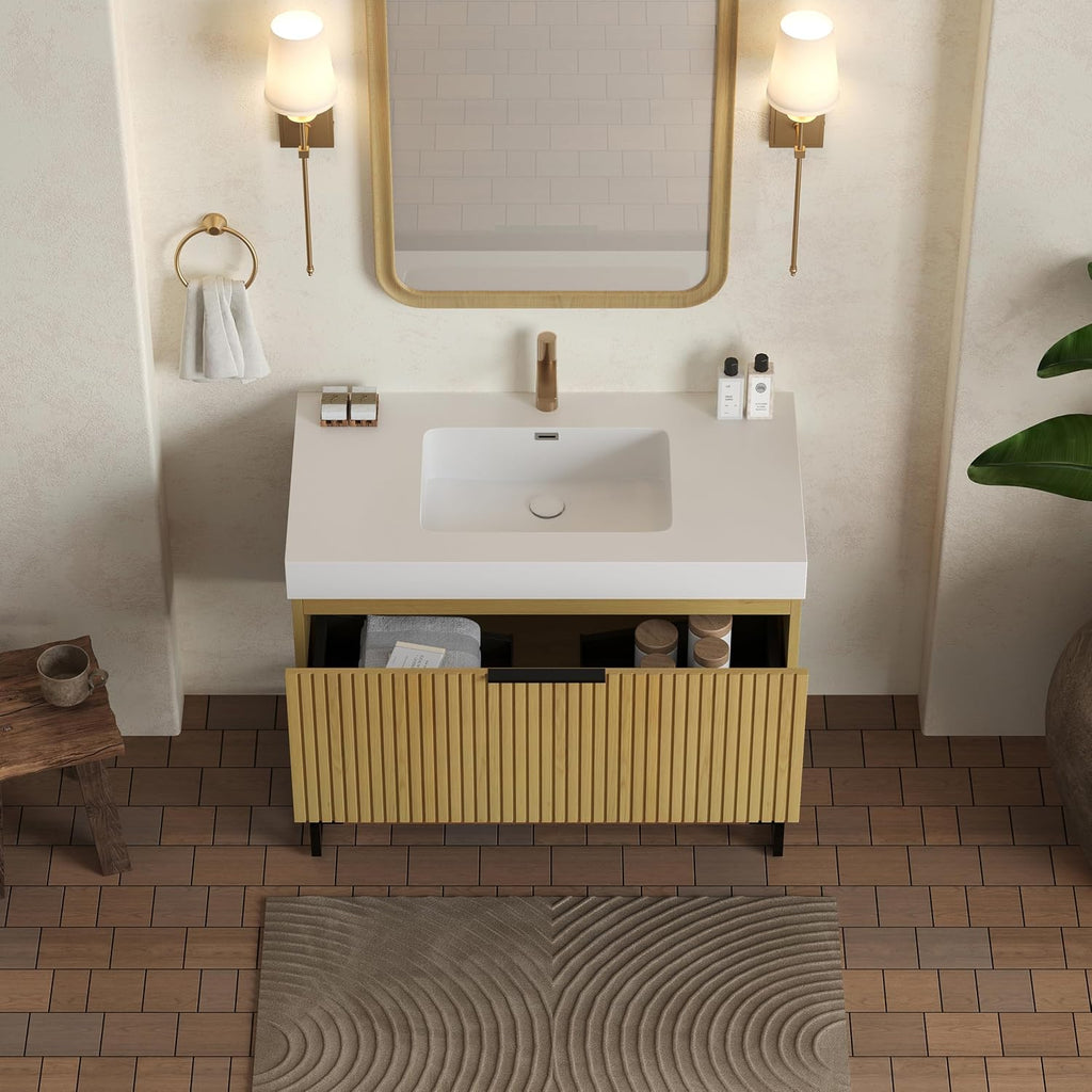 36'' Modern Bathroom Vanity with Sink, Freestanding Oak Plywood Cabinet with Rectangular Acrylic Integrated Basin, Bathroom Vanities Cabinet with Drawer and Open Shelf-Lund, Golden Oak