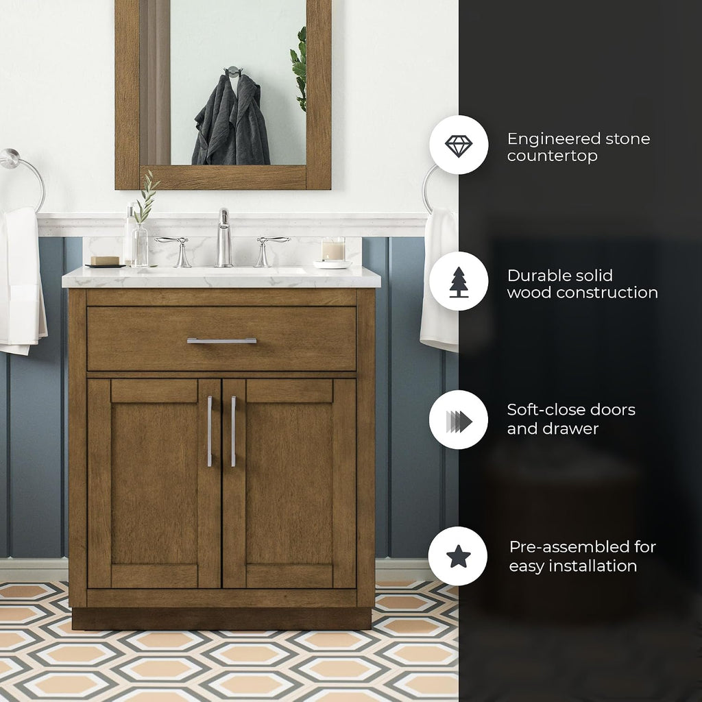 OVE Decors Athea 30' Single Undermount Sink Bathroom Vanity with Cultured Marble Countertop and Backsplash in Almond Latte Finish