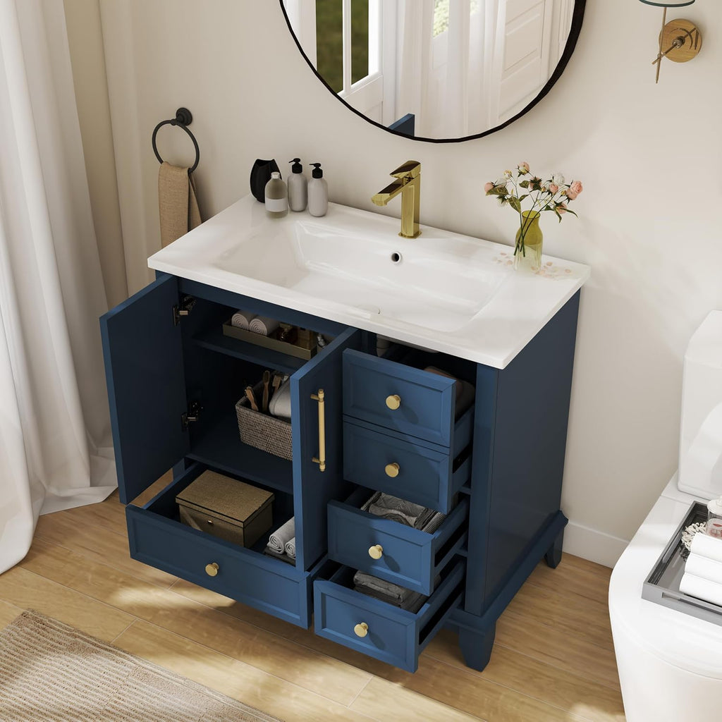 Henf Blue Bathroom Vanity with Sink 36inch Undermount Sink Bathroom Storage Cabinet w/4 Drawers, 2 Doors,Ceramic Integrated Sink,Solid Wood Legs and Metal Handles, Freestanding Bath Storage Cabinet