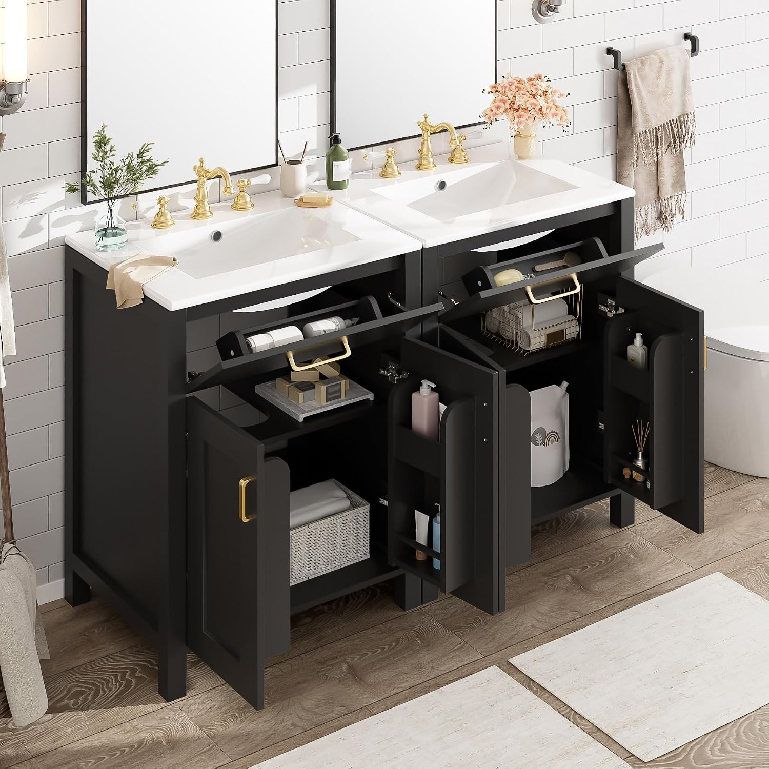Harper & Bright Designs 48' Bathroom Vanity Set with Double Sink, Free Standing Single Basin Vanity Set with 2 Soft-Close Doors and Drawer, Wood Storage Cabinet with Ceramic Basin for Bathroom, Black
