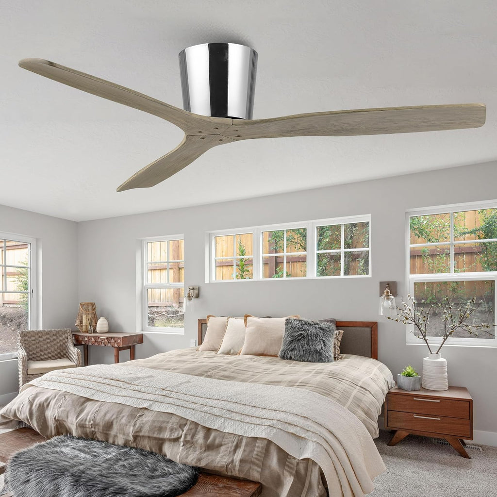 Low Profile Ceiling Fans Without Lights, 54 Inch Flush Mount Ceiling Fan with Remote Control, 3 Wood Blades, Reversible DC Motor Ceiling Fan No Light for Bedroom Living Room, Silver