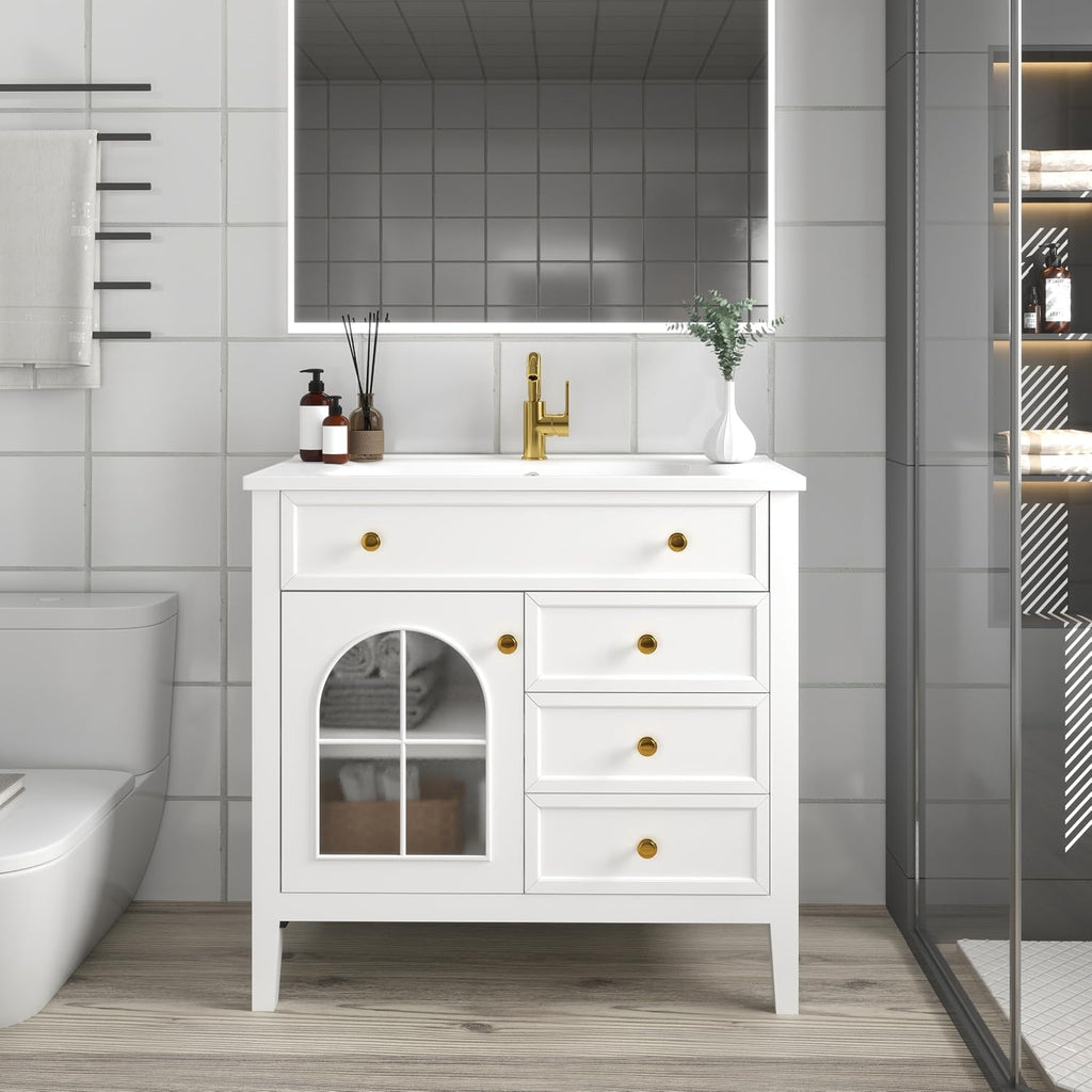 36 inch Bathroom Vanity with Sink, Mid Century Modern Freestanding Bathroom Cabinet with Ceramic Sink, 1 Flip Top Drawer, 2 Storage Drawers, Flower Patterned Glass Door, Adjustable Shelf, White