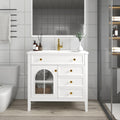 36 inch Bathroom Vanity with Sink, Mid Century Modern Freestanding Bathroom Cabinet with Ceramic Sink, 1 Flip Top Drawer, 2 Storage Drawers, Flower Patterned Glass Door, Adjustable Shelf, White