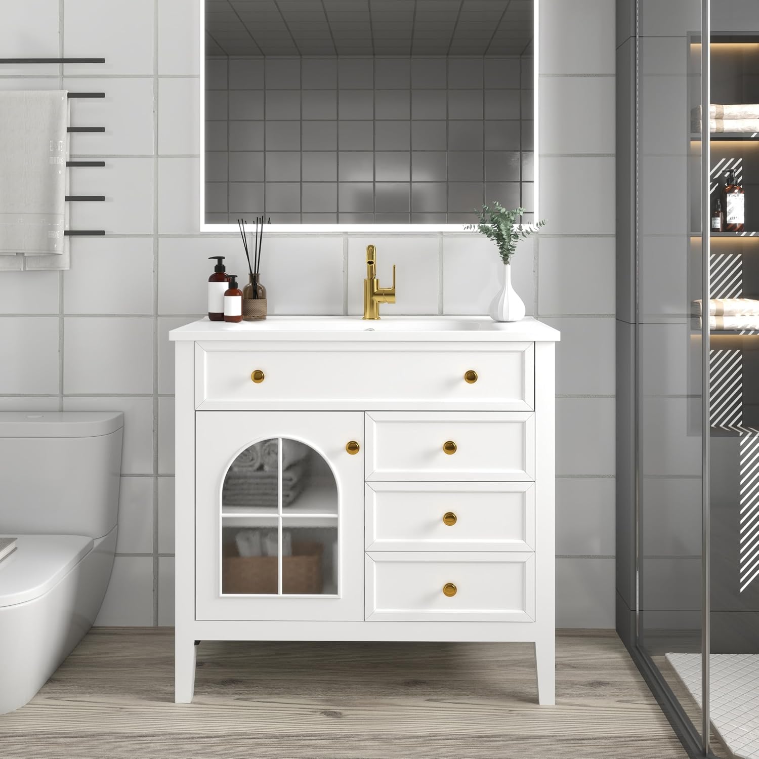 36 inch Bathroom Vanity with Sink, Mid Century Modern Freestanding Bathroom Cabinet with Ceramic Sink, 1 Flip Top Drawer, 2 Storage Drawers, Flower Patterned Glass Door, Adjustable Shelf, White