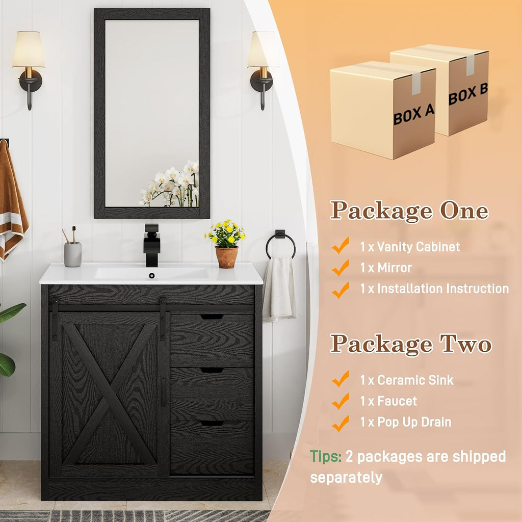 chartustriable 36 Inch Bathroom Vanity with Sink & Faucet & Mirror, Farmhouse Bathroom Vanity Cabinet Set with Sliding Barn Door & Drawers, Small Single Bath Storage Vanity Sink, Black