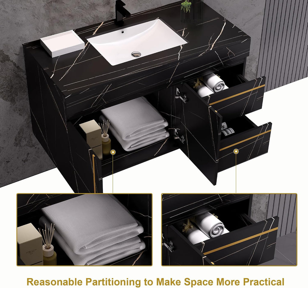 36 inch Bathroom Vanity with Ceramic Sink and Sinter Stone Marble Counter Top Modern Black Wall Mounted Floating Bathroom Sink Cabinet with 2 Drawers, 1 Cupboard and Gold Metal