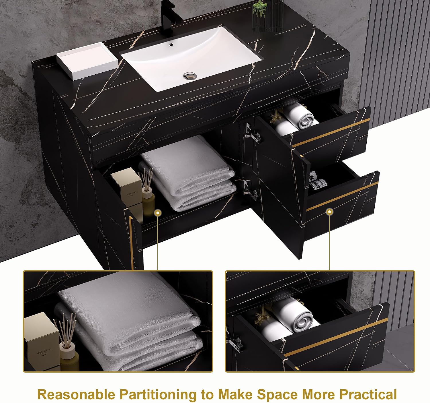 36 inch Bathroom Vanity with Ceramic Sink and Sinter Stone Marble Counter Top Modern Black Wall Mounted Floating Bathroom Sink Cabinet with 2 Drawers, 1 Cupboard and Gold Metal