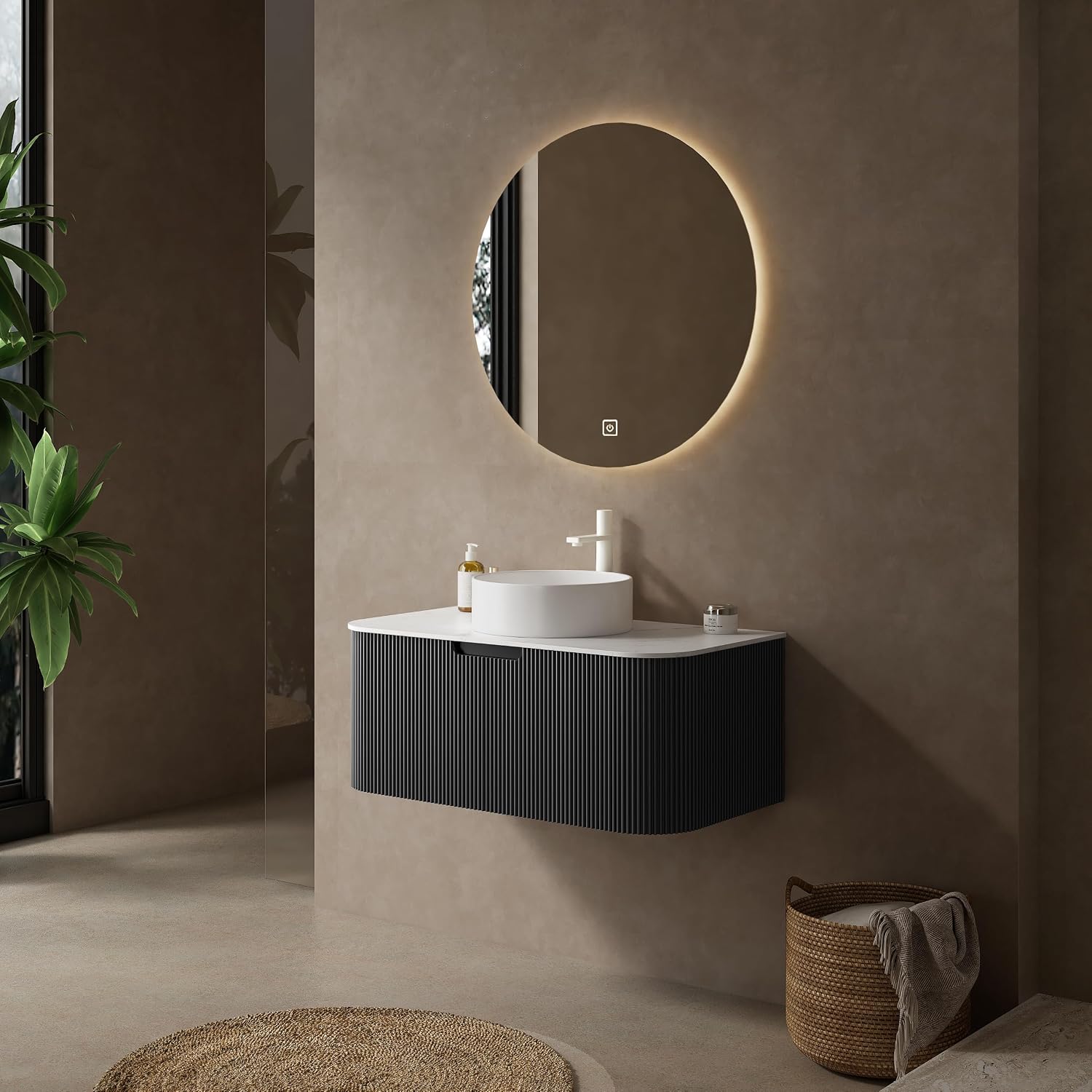 Yayzy 24' Floating Bathroom Vanity with Sink, Solid Wood Fluted Cabinet, White Round Ceramic Basin & Faux Marble Top, Soft-Close Drawer, Pre-Assembled, Gloss Black