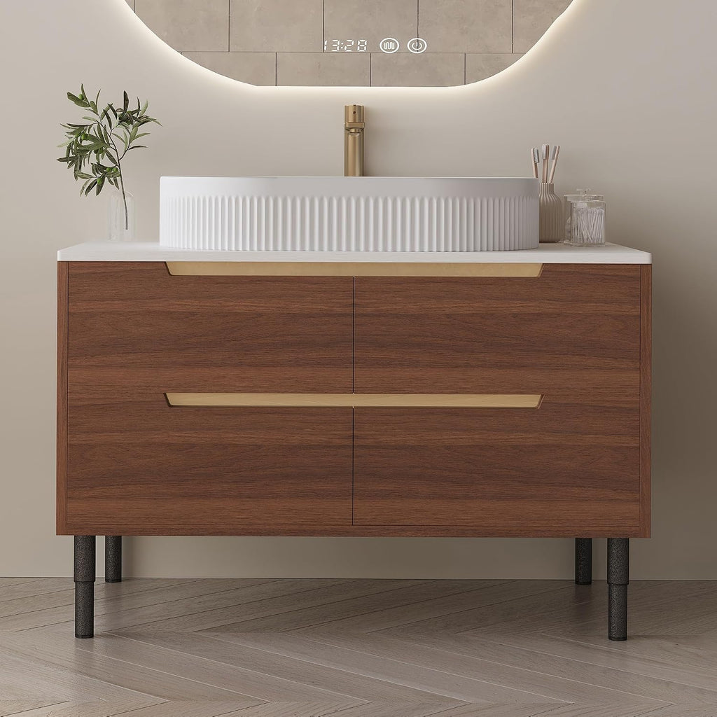 36' Bathroom Vanity with Above Oval Sink Set, Modern Walnut 2-in-1 Wall Mounted & Freestanding Bathroom Vanity Cabinet with Sintered Stone top&4 Storage Drawers, Bathroom Single Sink Cabinet