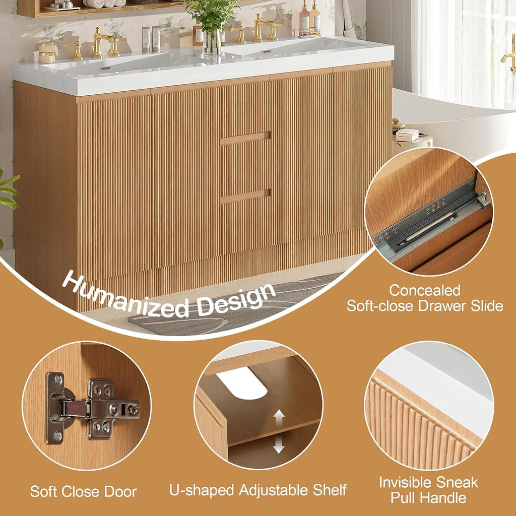 60 Inch Bathroom Vanity with Sink, Modern Fluted Freestanding Double Bathroom Vanity Cabinet with 4 Soft Closing Doors & 3 Drawers, Waterproof Lacquer Finish for Master Bathroom & Family Home