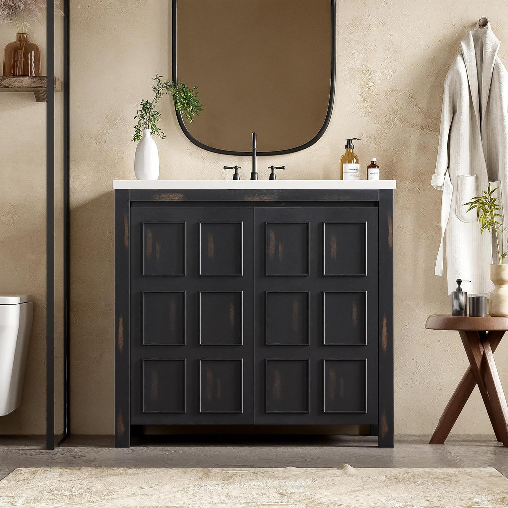 SOFTSEA 36' Bathroom Vanity with Sink Combo, Single Sink Bathroom Vanity with Soft-Close Doors, Solid Wood Frame Bathroom Cabinet, Resin Basin, Easy Assembly, Espresso