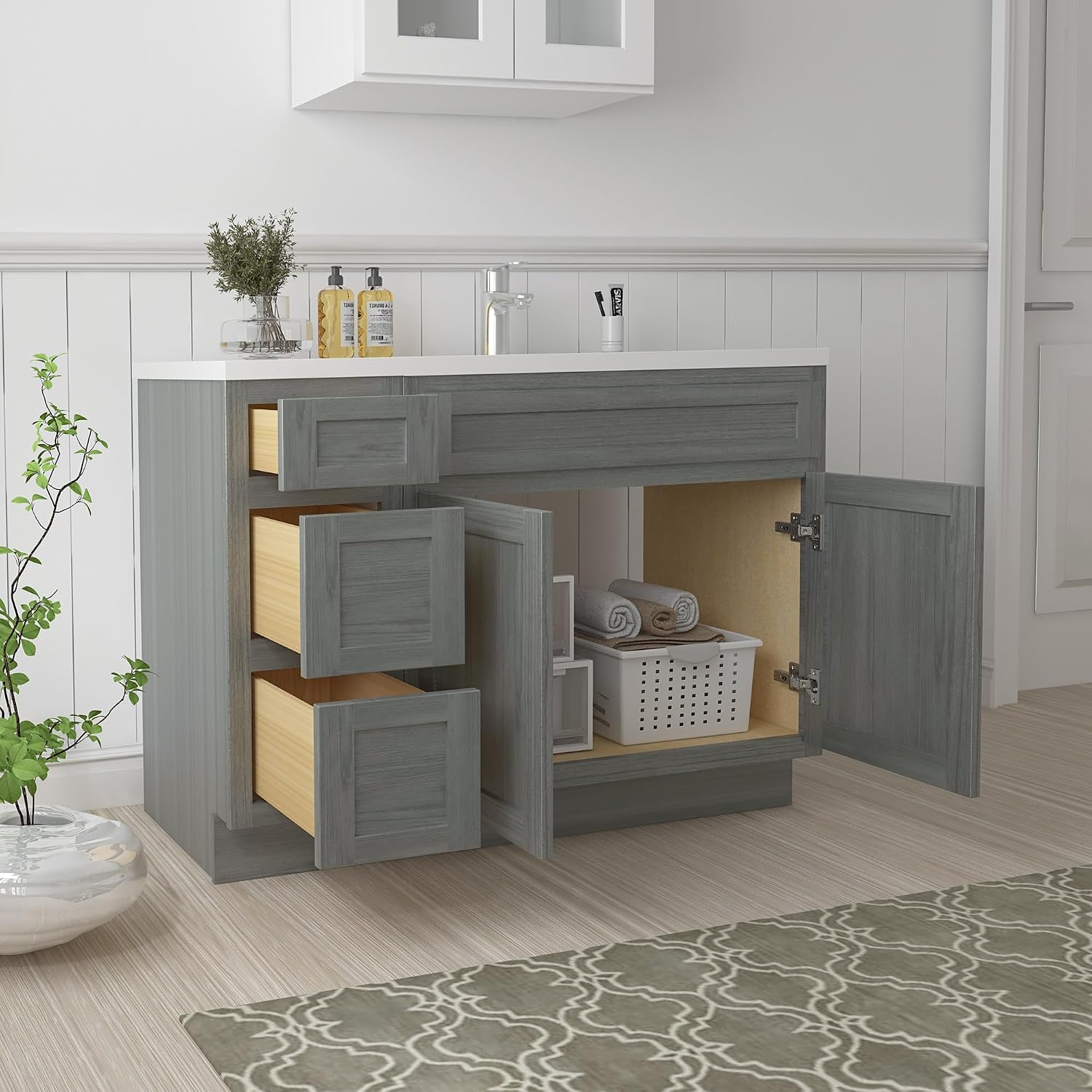Vanity Art 42' Unassembled Bathroom Vanity with 2-Door 3-Drawer, Wood Bathroom Vanity Cabinet with Soft Closing Shaker Drawer, Sturdy Floor Mounted Cabinet Without Top VA4042-3S-G