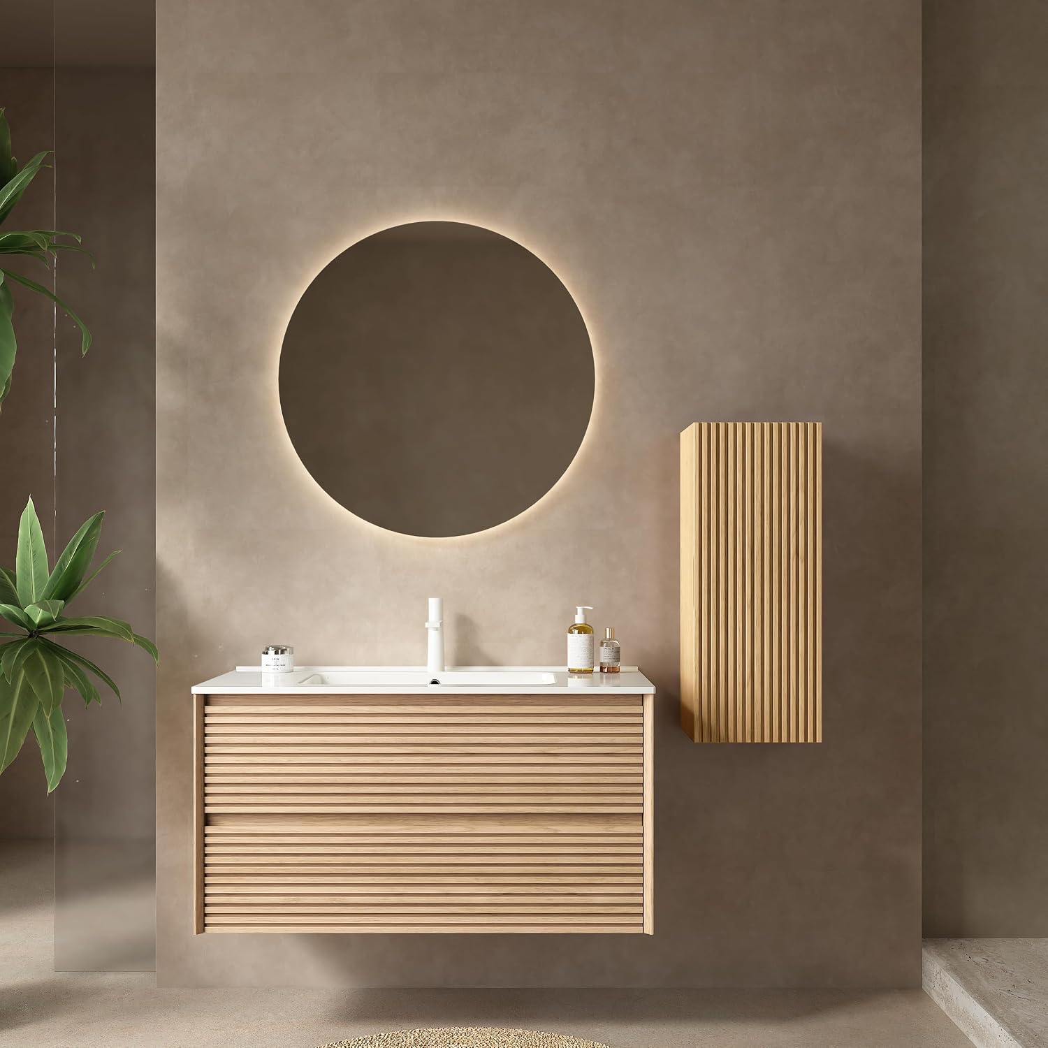 12' Wall-Mounted Floating Striped Bathroom Vanity Side Cabinet with a Door and a Shelf, (Suitable for Sedona Bathroom Vanity), Light Oak