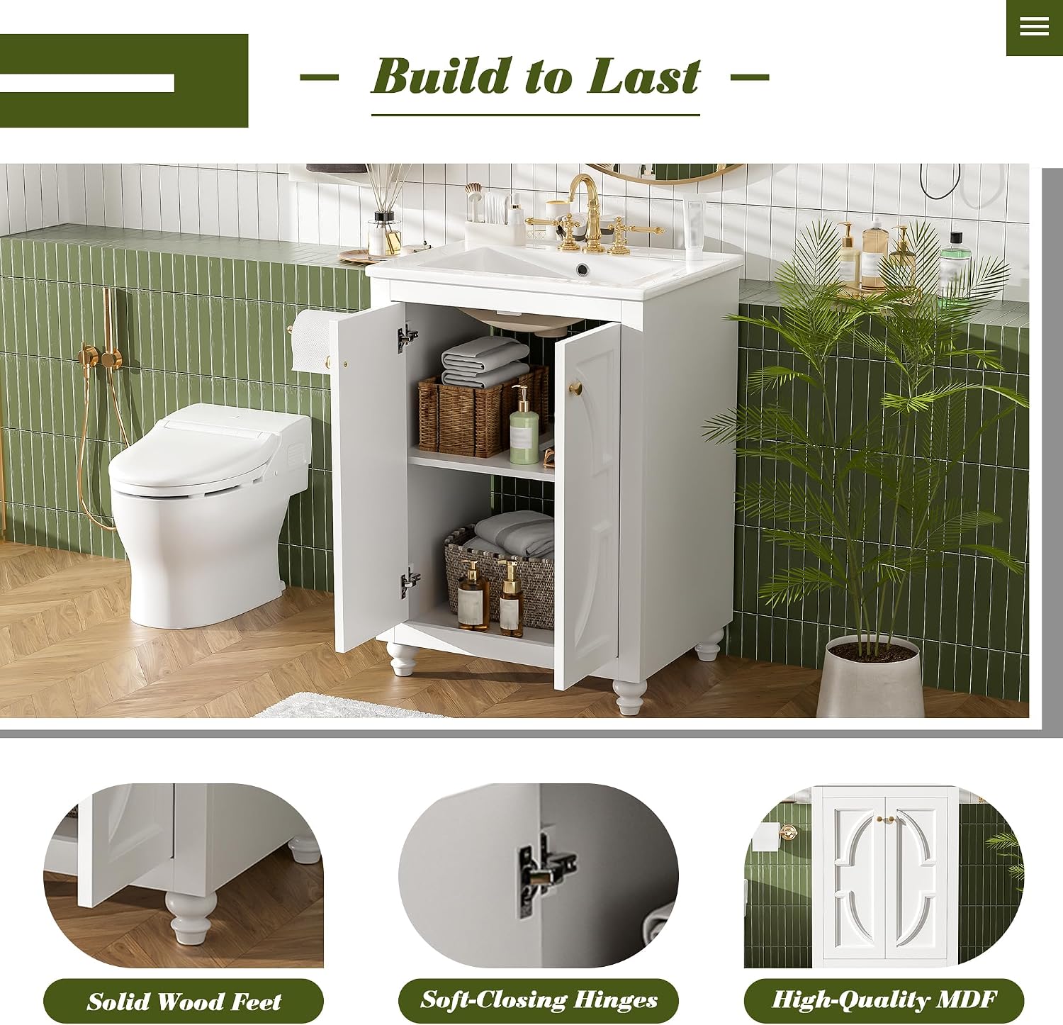 VilroCaz 24' Modern Bathroom Vanity with Ceramic Sink, Ornate Elliptical Motif Design & Soft-Close Hinges, Wood Bathroom Cabinet with Ball-Turned Legs, French Elegance (White-Ele)