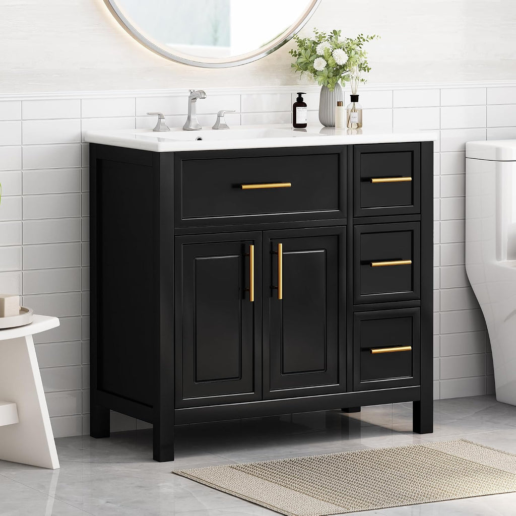 Favfurish 36' Bathroom Vanity with Sink Top and 2 Doors,Water-Resistant Wood Cabinet Vanities w/ 3 Drawers & Chrome-Finish Overflow,Pre-driled Three Faucet Holes,Multi-Functional Storger Space,Black